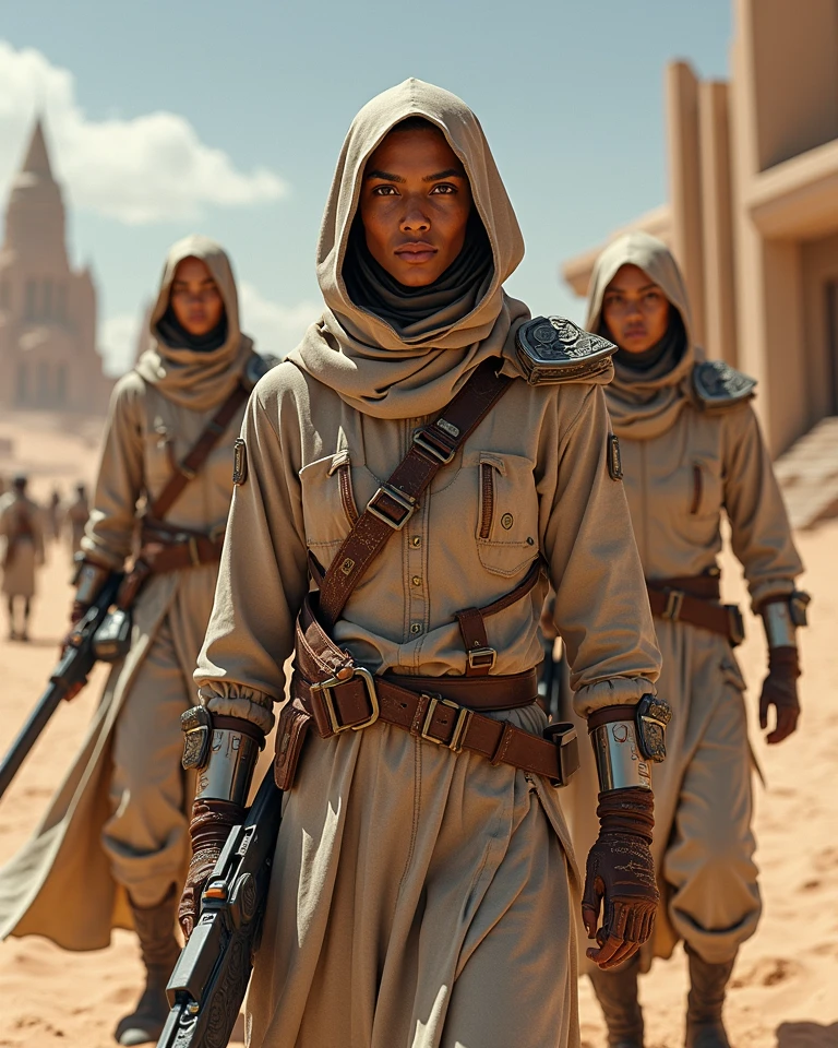 three female warriors wearing hijabs