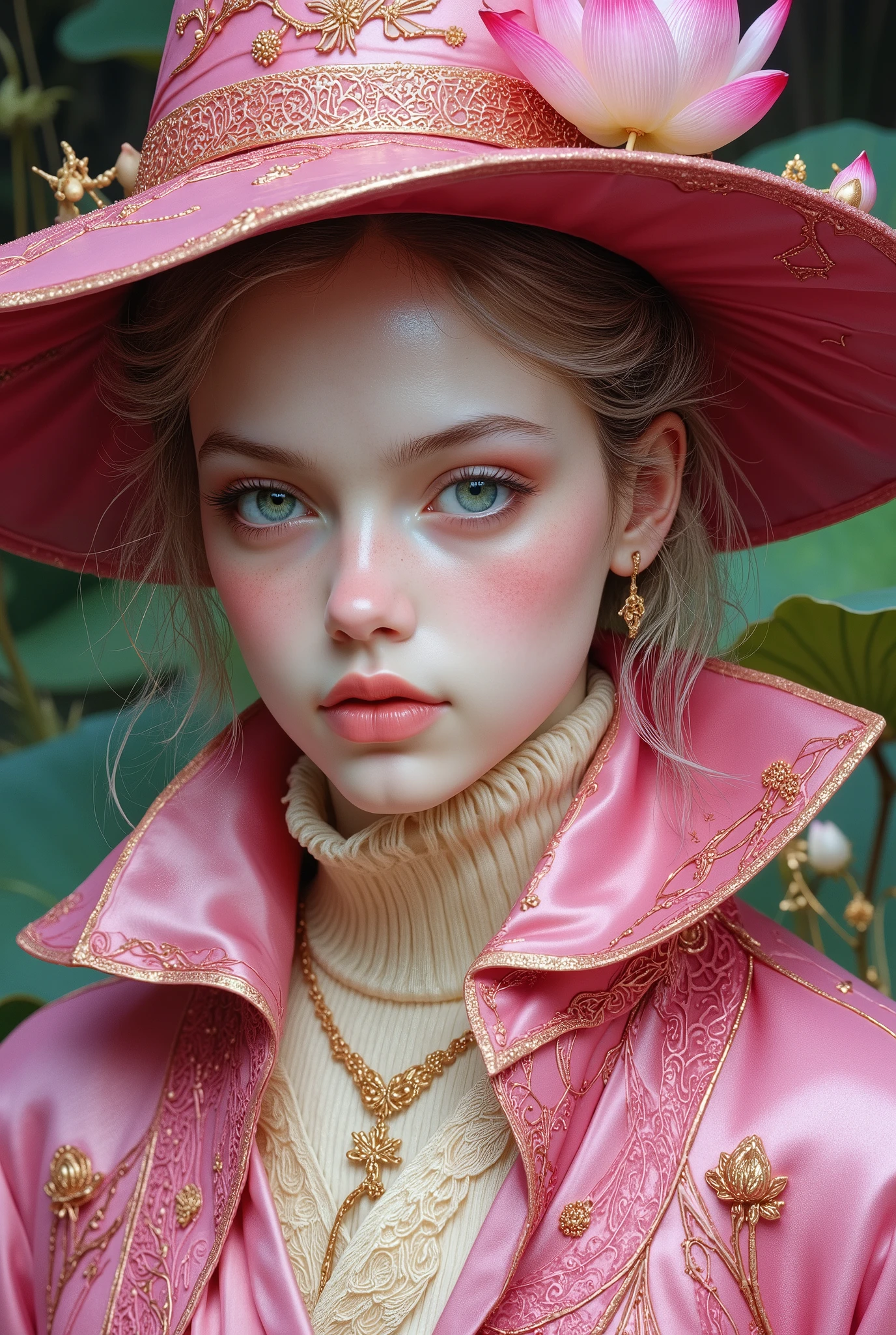 A hyper-realistic close-up portrait of an extraordinarily handsome man embodying the essence and symbolism of the lotus flower—purity, enlightenment, and rebirth. porcelain skin, angelic face. defined eyebrows He wears wizard robes in shades of rich pink, inspired by the vibrant yet calming tones of a lotus in full bloom. The robes are adorned with delicate embroidery of lotus flowers in various stages of growth—buds, blossoms, and seeds—crafted in soft gold and cream threads, symbolizing the cycle of life, renewal, and enlightenment. The fabric is a luxurious silk blend that flows and reflects light subtly, embodying the ethereal beauty of the lotus. The wizard’s hat, matching the robes, features an embroidered blooming lotus at its apex, radiating golden energy. Beneath the robes, a cream-yellow turtleneck provides a soft, grounding base, symbolizing stability and inner peace amidst vibrant transformation. The textures throughout the design are rich yet harmonious—the flowing silk of the robes contrasts with the ribbed knit of the turtleneck, reflecting the balance between elegance and simplicity. The lotus symbolism is deeply embedded in every aspect of his design: Pink hues represent
