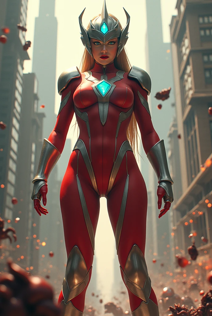full body image, standing, Giant Princess Zelda, (red costume with silver:1.5), as ultraman, Immensely large breasts1, Very tight body suit, lots of makeup on her face, light blue jewel on the breastplate, helmet on head, red lipstick on the mouth, (Her green eyes:1.5, For the blue:1.5), looking straight at the viewer, She is in a futuristic city with various monsters attacking the buildings., tokusatsu, ultraman, animated style, cinematic lighting, 16k, HD, masterpiece, Best Quality, High details