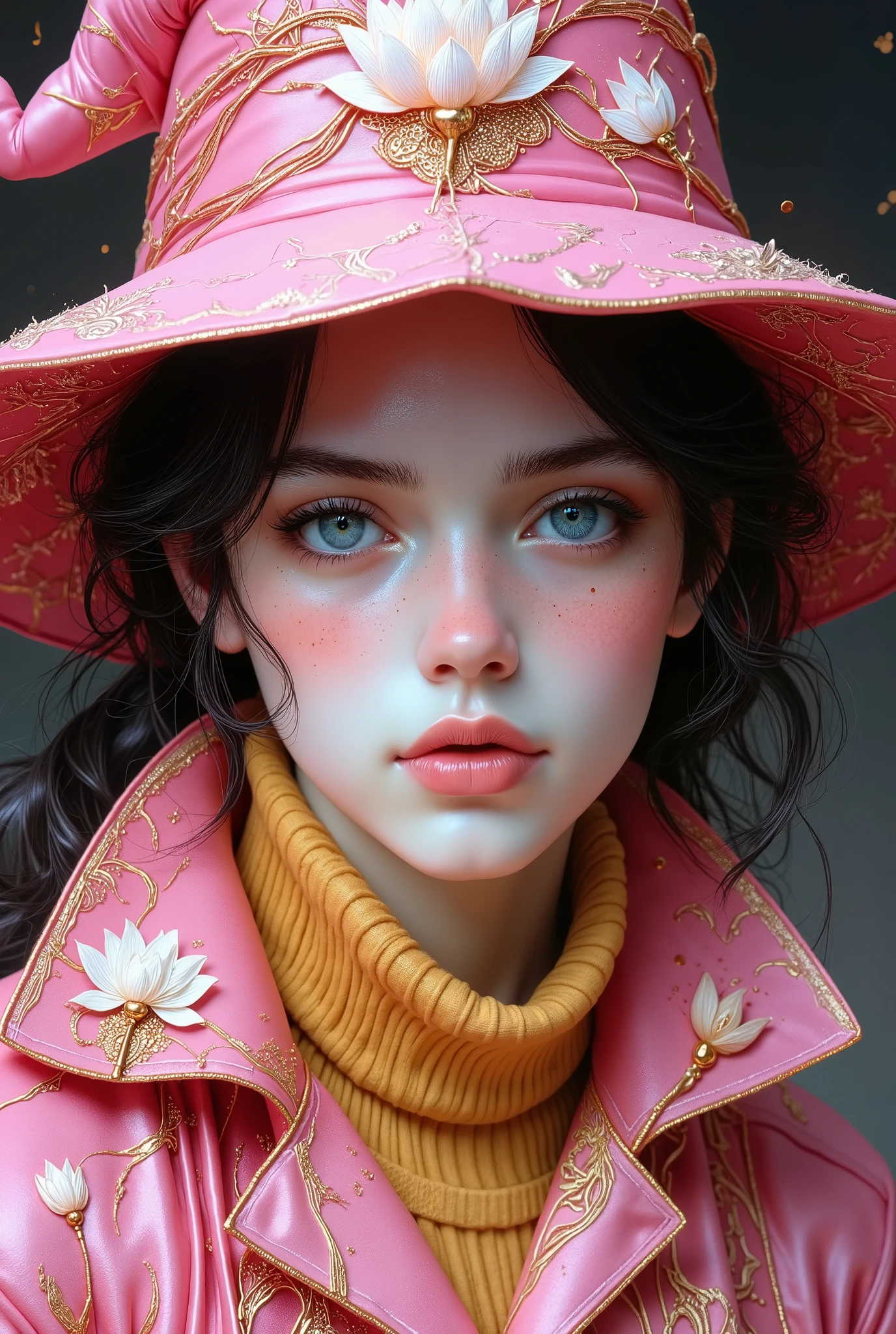 A hyper-realistic close-up portrait of an extraordinarily handsome man embodying the essence and symbolism of the lotus flower—purity, enlightenment, and rebirth. porcelain skin, angelic face. defined eyebrows He wears wizard robes in shades of rich pink, inspired by the vibrant yet calming tones of a lotus in full bloom. The robes are adorned with delicate embroidery of lotus flowers in various stages of growth—buds, blossoms, and seeds—crafted in soft gold and cream threads, symbolizing the cycle of life, renewal, and enlightenment. The fabric is a luxurious silk blend that flows and reflects light subtly, embodying the ethereal beauty of the lotus. The wizard’s hat, matching the robes, features an embroidered blooming lotus at its apex, radiating golden energy. Beneath the robes, a cream-yellow turtleneck provides a soft, grounding base, symbolizing stability and inner peace amidst vibrant transformation. The textures throughout the design are rich yet harmonious—the flowing silk of the robes contrasts with the ribbed knit of the turtleneck, reflecting the balance between elegance and simplicity. The lotus symbolism is deeply embedded in every aspect of his design: Pink hues represent