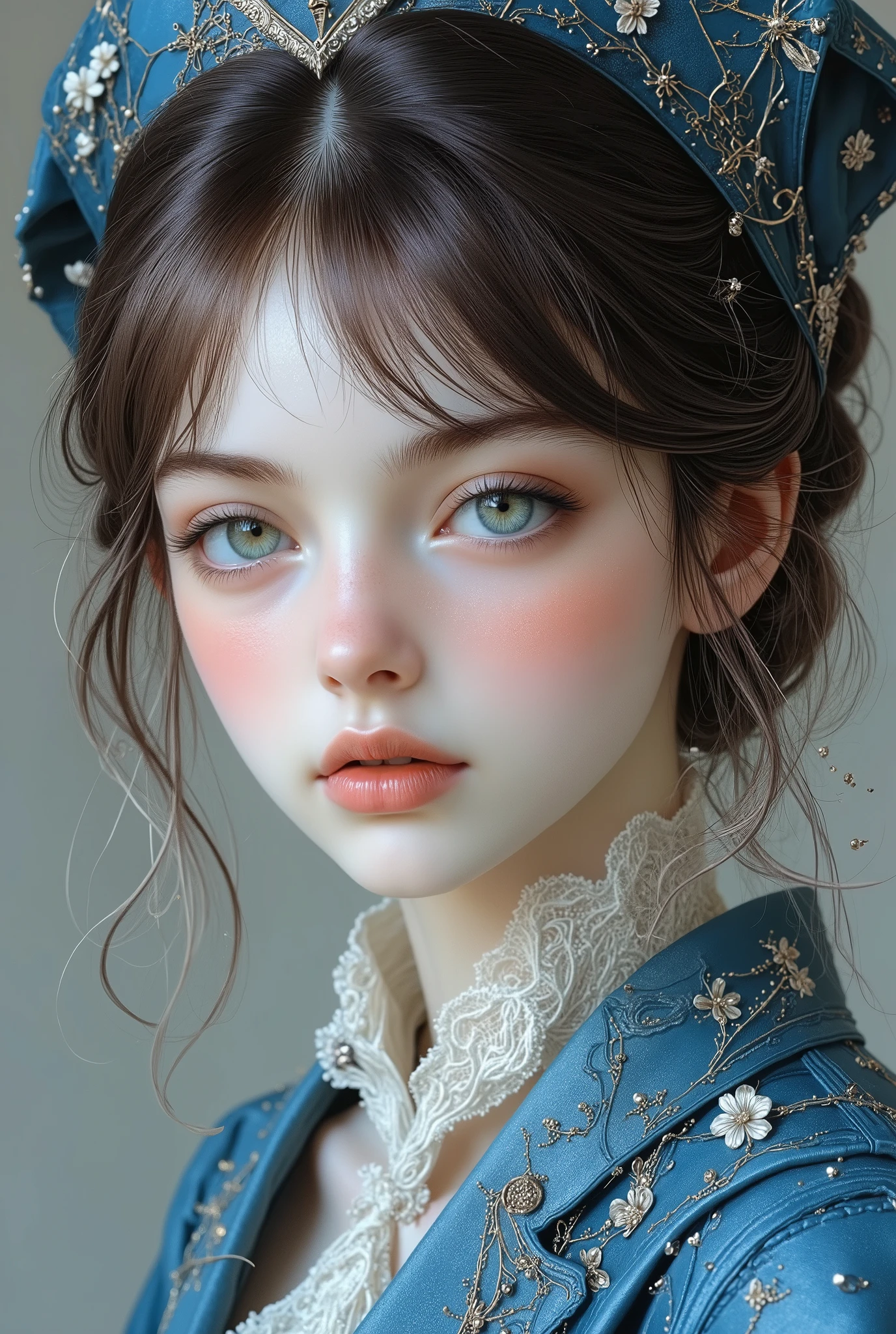 A hyper-realistic close-up portrait of a -yeld exordinarily beautiful girl exuding wisdom and grace. His eyes are a mesmerizing soft gray with hints of lavender and pale pink, reflecting the tender hues of Bleeding Heart blossoms. Almond-shaped and framed by thick, dark lashes, his gaze is deeply emotive, exuding warmth and vulnerability while captivating viewers with its quiet intensity. His face is perfectly symmetrical, with a softly defined jawline balancing strength and gentleness. His high cheekbones are subtly flushed, adding a natural warmth to his fair, porcelain-like complexion. His nose is delicately aquiline, with a straight bridge and slightly rounded tip, enhancing his overall refinement. His lips are full and inviting, with a soft blush-pink tint that mirrors the delicate color of Bleeding Heart petals, curving slightly into a gentle, almost wistful smile. His hair is styled in a soft, romantic layered cut, with smooth, flowing strands that frame his face. The hair is a rich, chestnut brown with subtle highlights of rose gold, shimmering softly. The strands are a d. He is adorned in a luxurious deep azure blue wizard’s robe, tailored with elegance and adorned with delicate embroidery inspired by Forget-Me-Not flowers. The intricate floral patterns, traced with silver thread, symbolize loyalty, wisdom, and eternal beauty. Beneath the robe, subtle layers of fabric shift gracefully, creating an impression of fluidity and poise. His matching wizard’s hat, in the same deep azure blue, features similar floral motifs, further emphasizing his connection to the symbolism of the Forget-Me-Not. The background is plain and softly lit in a pale, neutral tone, such as light gray or cream, designed to bring the focus entirely to the intricate details of his face and attire. The minimalistic setting emphasizes his wise and serene presence, reinforcing the symbolism of loyalty, eternal bonds, and timeless elegance associated with the Forget-Me-Not flowers