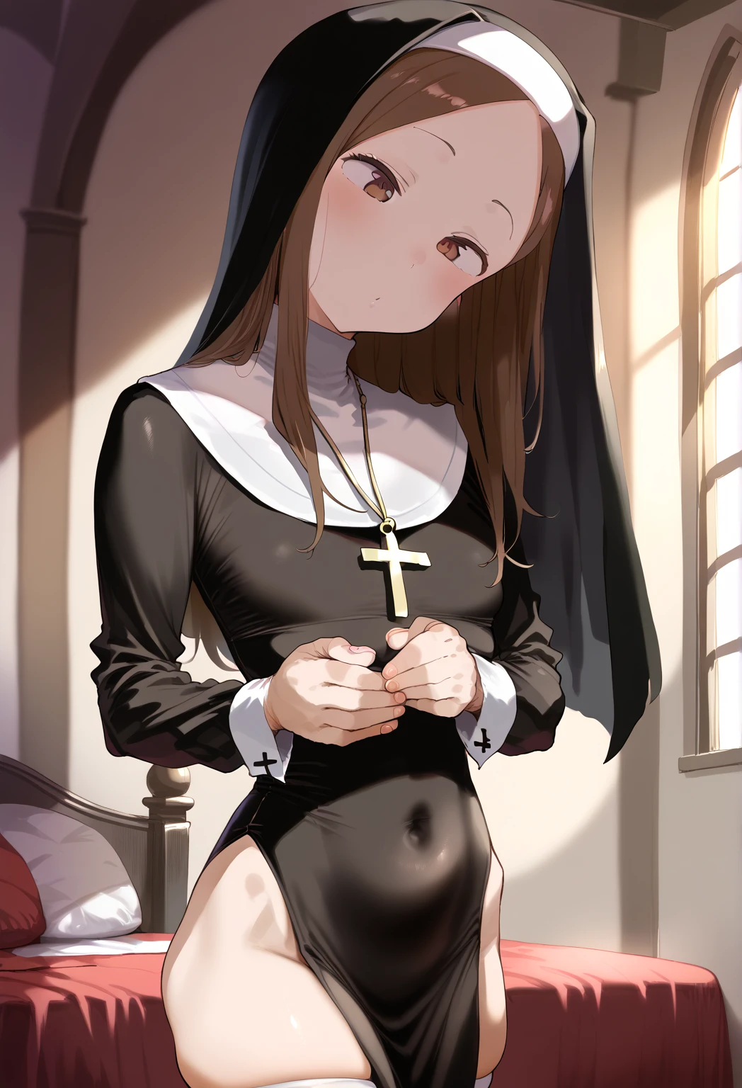 (((destroyed medieval town, collapsed Church))),10 years old, brown hair, brown eyes, flat chest, (wearing nun's uniform), (torn clothes), no bra, bottomless, show off pussy, disdain, contemptuous, (disgust, scared, cry), skyporn, Areola, puffy niples, nipples through, ((best quality)), spread pussy, sexual fluid, pussy juice, drooling, dirty skin, on the altar, be sacrificed, {{{trembling}}}, in the night, faint light