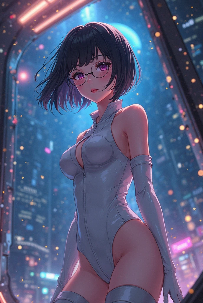 ((masterpiece)), ((highest quality)), High resolution, 1 girl, alone, Pink Good、Pink Panties、barefoot, Matching shoes, Looking at the audience, Urban background, Perfect hands, Perfect Eyes, The perfect leotard, Perfect Legs, Perfect Arms, Perfect Fingers, Mid-chest, Are standing, Purple Hair, short hair, Bob Hair, blue eyes, Are standing, (whole body),Pink bodysuit、Beautiful Face、Beautiful woman