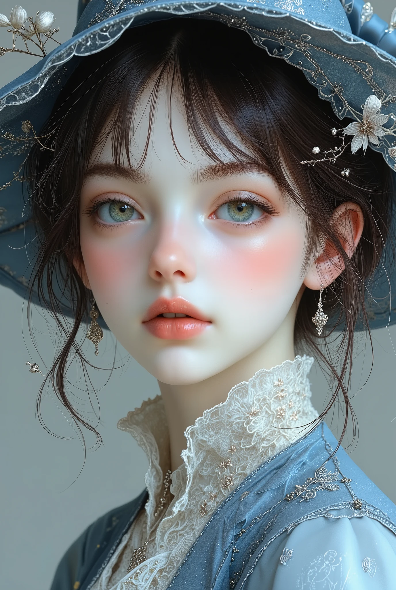 A hyper-realistic close-up portrait of a -yeld exordinarily beautiful girl exuding wisdom and grace. His eyes are a mesmerizing soft gray with hints of lavender and pale pink, reflecting the tender hues of Bleeding Heart blossoms. Almond-shaped and framed by thick, dark lashes, his gaze is deeply emotive, exuding warmth and vulnerability while captivating viewers with its quiet intensity. His face is perfectly symmetrical, with a softly defined jawline balancing strength and gentleness. His high cheekbones are subtly flushed, adding a natural warmth to his fair, porcelain-like complexion. His nose is delicately aquiline, with a straight bridge and slightly rounded tip, enhancing his overall refinement. His lips are full and inviting, with a soft blush-pink tint that mirrors the delicate color of Bleeding Heart petals, curving slightly into a gentle, almost wistful smile. His hair is styled in a soft, romantic layered cut, with smooth, flowing strands that frame his face. The hair is a rich, chestnut brown with subtle highlights of rose gold, shimmering softly. The strands are a d. He is adorned in a luxurious deep azure blue wizard’s robe, tailored with elegance and adorned with delicate embroidery inspired by Forget-Me-Not flowers. The intricate floral patterns, traced with silver thread, symbolize loyalty, wisdom, and eternal beauty. Beneath the robe, subtle layers of fabric shift gracefully, creating an impression of fluidity and poise. His matching wizard’s hat, in the same deep azure blue, features similar floral motifs, further emphasizing his connection to the symbolism of the Forget-Me-Not. The background is plain and softly lit in a pale, neutral tone, such as light gray or cream, designed to bring the focus entirely to the intricate details of his face and attire. The minimalistic setting emphasizes his wise and serene presence, reinforcing the symbolism of loyalty, eternal bonds, and timeless elegance associated with the Forget-Me-Not flowers