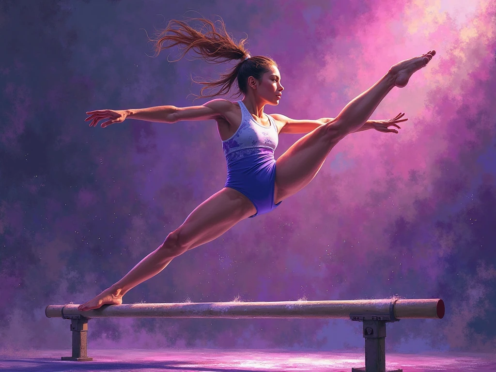 high quality,hd,16k,1girl,female gymnastics athlete,cute face, large breasts, slender body, delicate body, sweat,light clothing, in gymnastics venue,focus girl,detailed beautiful face,detailed clothes,beautiful eyes,pretty smile,dynamic angle