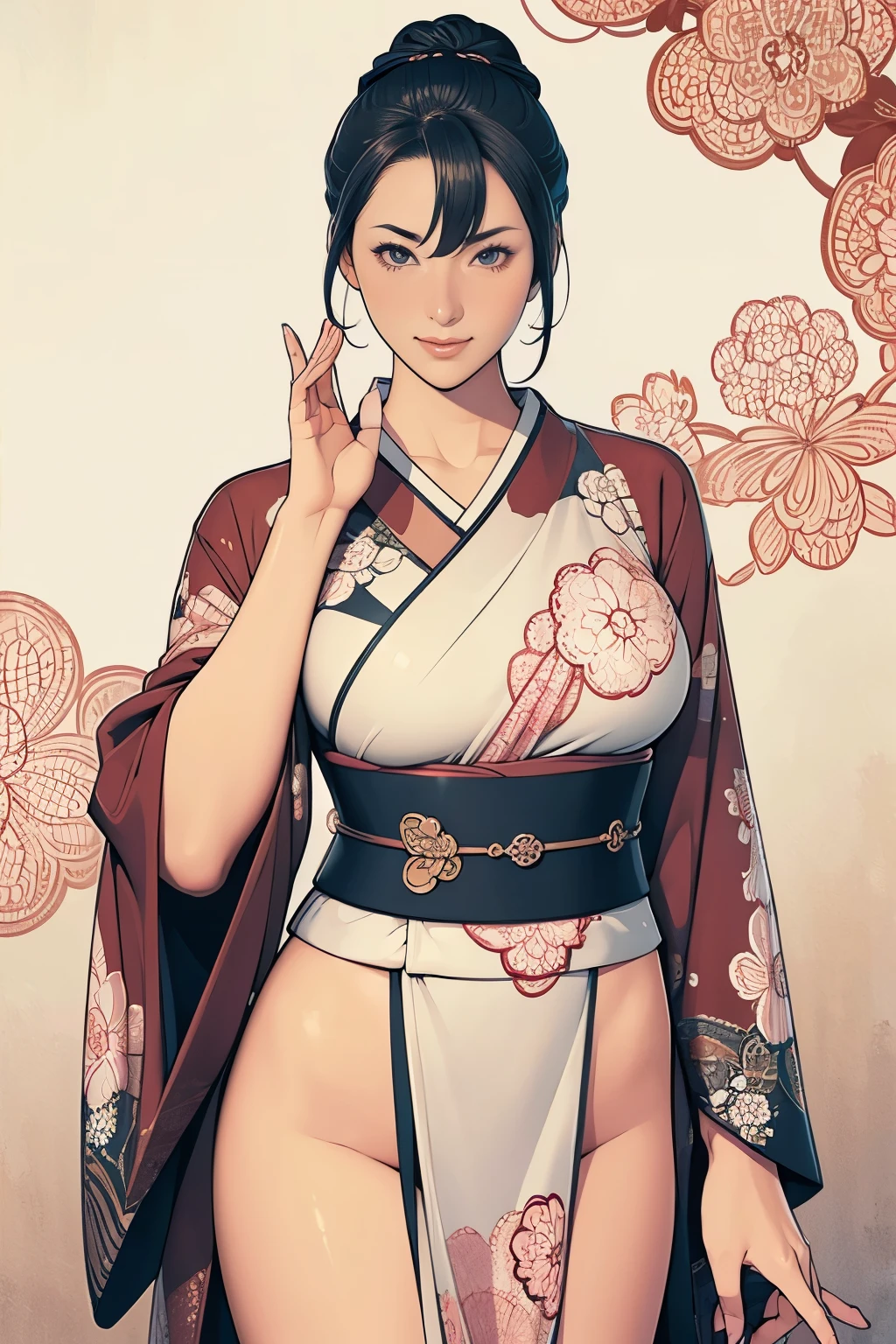 (masterpiece:1.2),(Highest quality),(Super detailed),(High resolution),8k,wallpaper,(An illustration),1 girl,,A woman is standing,Thick thighs,front,look at me,((smile)),Beautiful kimono,Obscene loincloth,(((Intricate designs and patterns inspired by Asian art))),(((Hand,detailed,perfect.perfection,hands))),((Beautiful female hands,Detailed hands)),(Random pose)