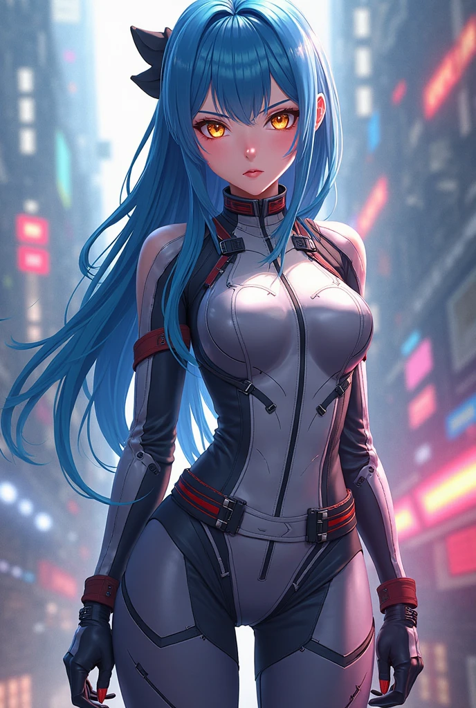 (((Adult Woman))), ((Best Quality)), ((masutepiece)), Genesis evangelion neon style clothing, bobhair, Perfect proportions, Crysisnanosuit, Blue hair, Blue eyes, Hyper Realistic