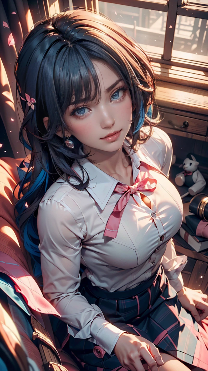 ((Highest quality)),(超High resolution),(Very detailed),(Detailed Description),((The best CG)),(masterpiece),Ultra-detailed art、(Highest quality、8k、32K、masterpiece)、(Realistic)、(Realistic:1.2)、(High resolution)、Very detailed、Very beautiful face and eyes、1 female、Tight waist、Delicate body、(Highest quality、Attention to detail、Rich skin detail)、(Highest quality、8k、Oil paints:1.2)、Very detailed、(Realistic、Realistic:1.37)、Bright colors、Beautiful Japanese Woman、Detailed face、Smooth Skin、Big Breasts、((Short Bob:1.8、Light blue hair))、"High school girl in a futuristic uniform。Wearing a monochrome tight-fitting blazer、Metallic buttons and school crest on left chest。Below is the、He is wearing a clean white shirt with hidden buttons.、The collar and cuffs have thin lines。The skirt is a knee-length A-line skirt.、Does it have the same simple stripes as the blazer?、You may be wearing tight-fitting straight pants of the same pattern.。Shoes must be black or dark grey sneakers、Includes silver accents。As an accessory、A tie or ribbon in school colors、We also have berets that can be used during extracurricular activities.。The material of the uniform is temperature regulating、Antifouling、Has antibacterial properties。"