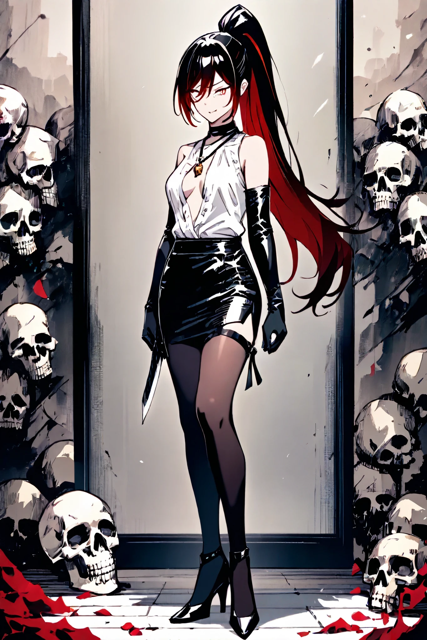 a woman:
hair: Intense red with black tips, smooth and long, tied in a high ponytail with a leather ribbon.
eyes: Bright yellow with feline pupils, always with a mocking expression.
Clothes:
tight white blouse, with the upper part unbuttoned by Pure provocation.
Slim leather skirt with openings on the sides, showing garters with small hidden knives.
high heels, but you can run with them without problem.
Elbow-length black silk gloves.
A pendant with a small gold skull, that is supposedly a trophy of someone who killed.