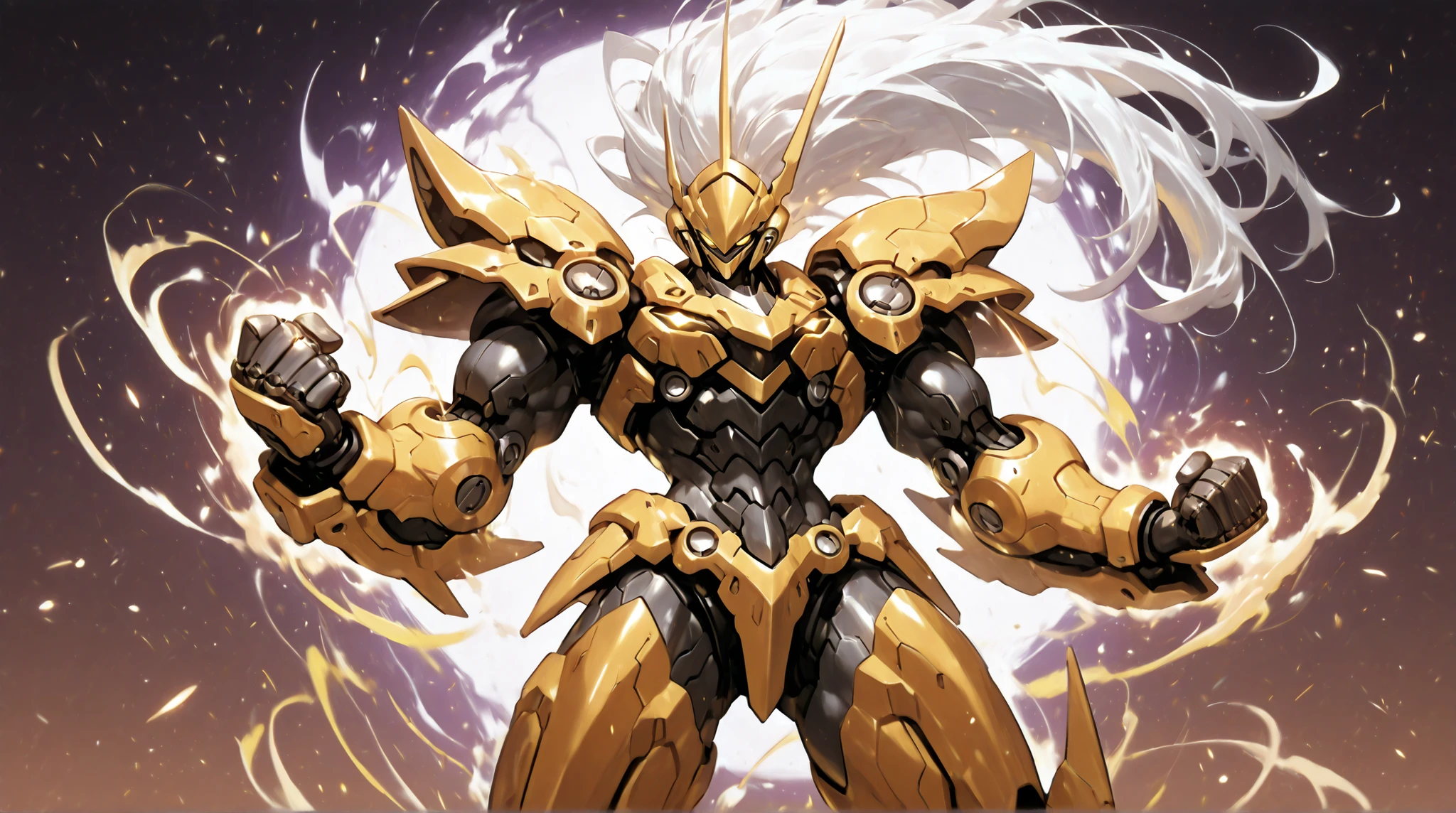 solo, silhouette, shadow of Female Mecha Suit, Feminine character, In A Yellow Mech, wallpaper quality, on a loading screen, fighting stance, solo, aura, waist up, (Human Body, Ghostly Appearance, Long White Hair), sinister stare, neon lighting, glowing trimming, glowing edges, Yellow Mech Eyes, Yellow Mechanical Sparks, black sclera, glowing Yellow highlights, repeating background, gradient background, glowing borders, glowing eyes, (Athletic muscles:1.5), Mecha Suit, masterpiece, straps, Female Mech, fighting arena background, correct anatomy, correct hands, best quality,