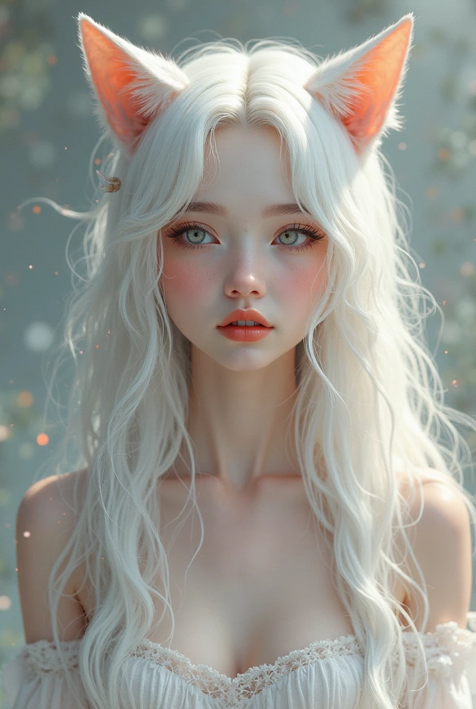A girl with long white hair and yellow eyes sits naked among red roses and white grass. She has fox ears and six fox tails