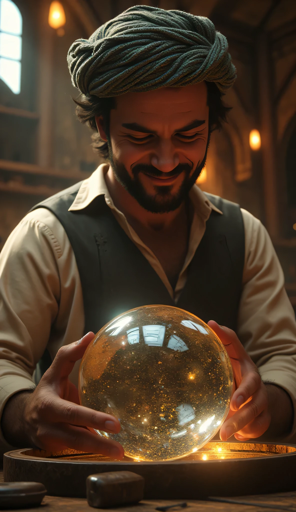 **Prompt:** wider long zoom out scenery. Create a hyperrealistic digital artwork depicting an ancient Arabic glass maker in a medieval panoramic workshop. The scene should capture a full-body portrait of a handsome young male character, smiling as he meticulously repairs an ancient big size magnifying crystal lens (light flare refraction) on a large long table in the foreground. Use a wide-angle camera lens perspective that showcases the intricate details of the workshop, adorned with glassmaking lens tools and burgeoning techniques of ancient technology. Focus on the character's face, blending features reminiscent of actors like Johnny Depp, Hugh Jackman, and Nicolas Cage, to create a unique and captivating visage. The character is dressed in a prehistoric archaic Arab outfit, complete with a traditional turban, exuding a dynamic and authentic vibe. Ensure the composition is balanced, utilizing octane 3D rendering techniques to achieve ultra-realistic textures. Pay attention to the best photography composition and image aperture settings, capturing every detail with depth of field in a slow shutter speed effect to enhance realism. Render the artwork as a RAW photo image, employing a photorealistic style that brings the glassmaker's world to life. Incorporate elements that resonate with the glasspunk aesthetic, potentially drawing inspiration from video game artwork like Far Cry 5 while ensuring the overall piece embodies the essence of ancient craftsmanship and artistry. Aim for the highest quality digital art that showcases realistic human anatomy and the intricate nature of glassmaking in antiquity. crystal PunkAi Artwork.