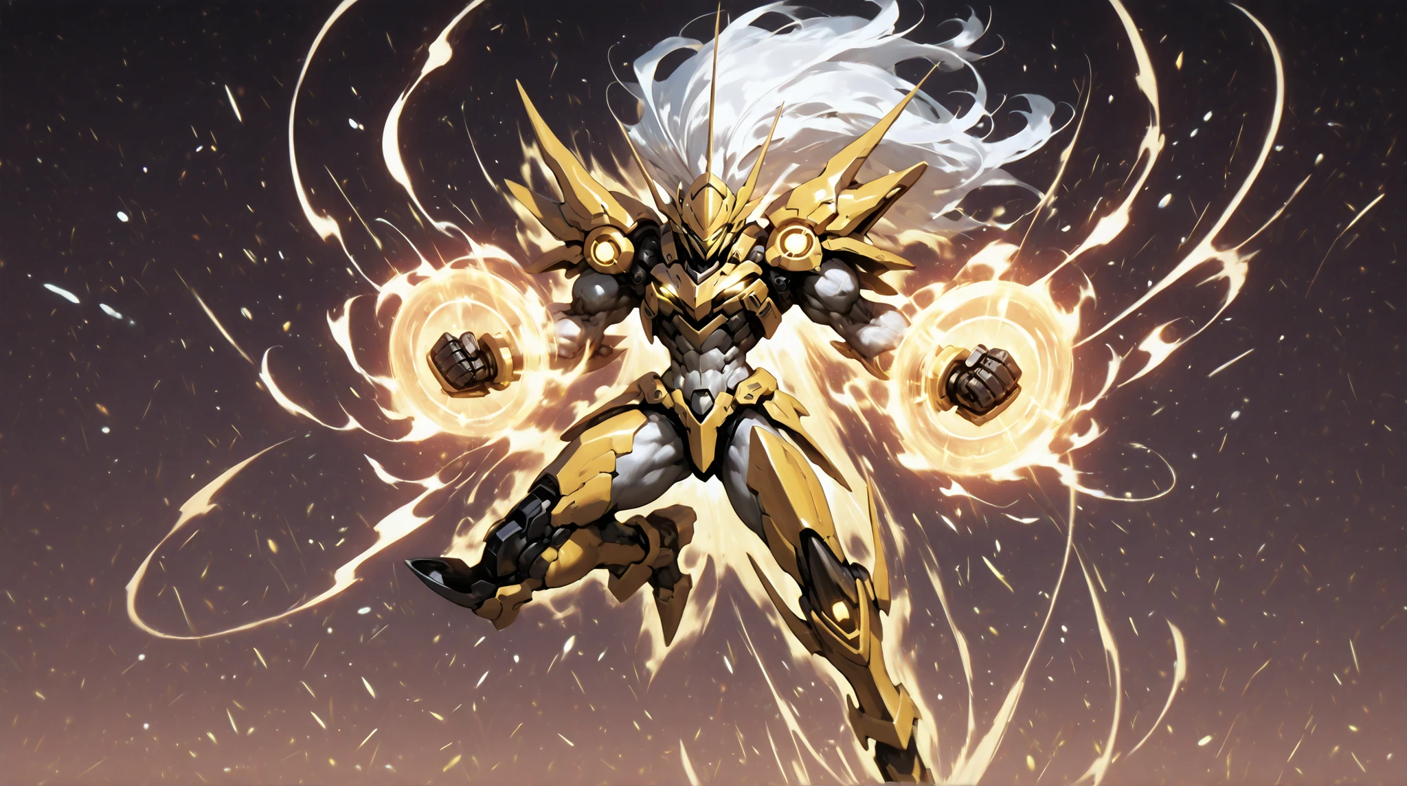solo, silhouette, shadow of Female Mecha Suit, Feminine character, In A Yellow Mech, wallpaper quality, on a loading screen, fighting stance, solo, aura, waist up, (Human Body, Ghostly Appearance, Long White Hair), sinister stare, neon lighting, glowing trimming, glowing edges, Yellow Mech Eyes, Yellow Mechanical Sparks, black sclera, glowing Yellow highlights, repeating background, gradient background, glowing borders, glowing eyes, (Athletic muscles:1.5), Mecha Suit, masterpiece, straps, Female Mech, fighting arena background, correct anatomy, correct hands, best quality,