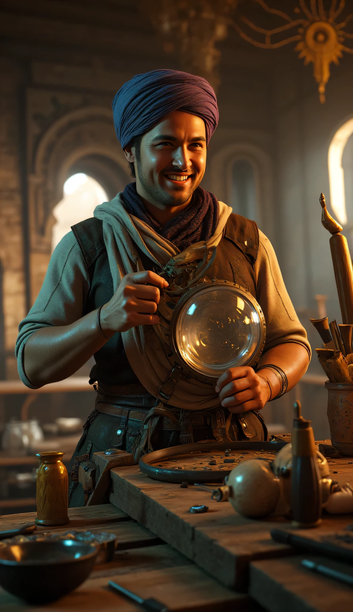 **Prompt:** wider long zoom out scenery. Create a hyperrealistic digital artwork depicting an ancient Arabic glass maker in a medieval panoramic workshop. The scene should capture a full-body portrait of a handsome young male character, smiling as he meticulously repairs an ancient big size magnifying crystal lens on a large long table in the foreground. Use a wide-angle camera lens perspective that showcases the intricate details of the workshop, adorned with glassmaking lens tools and burgeoning techniques of ancient technology.    Focus on the character's face, blending features reminiscent of actors like Johnny Depp, Hugh Jackman, and Nicolas Cage, to create a unique and captivating visage. The character is dressed in a prehistoric archaic Arab outfit, complete with a traditional turban, exuding a dynamic and authentic vibe.    Ensure the composition is balanced, utilizing octane 3D rendering techniques to achieve ultra-realistic textures. Pay attention to the best photography composition and image aperture settings, capturing every detail with depth of field in a slow shutter speed effect to enhance realism. Render the artwork as a RAW photo image, employing a photorealistic style that brings the glassmaker's world to life.    Incorporate elements that resonate with the glasspunk aesthetic, potentially drawing inspiration from video game artwork like Far Cry 5 while ensuring the overall piece embodies the essence of ancient craftsmanship and artistry. Aim for the highest quality digital art that showcases realistic human anatomy and the intricate nature of glassmaking in antiquity. crystal PunkAi Artwork. 