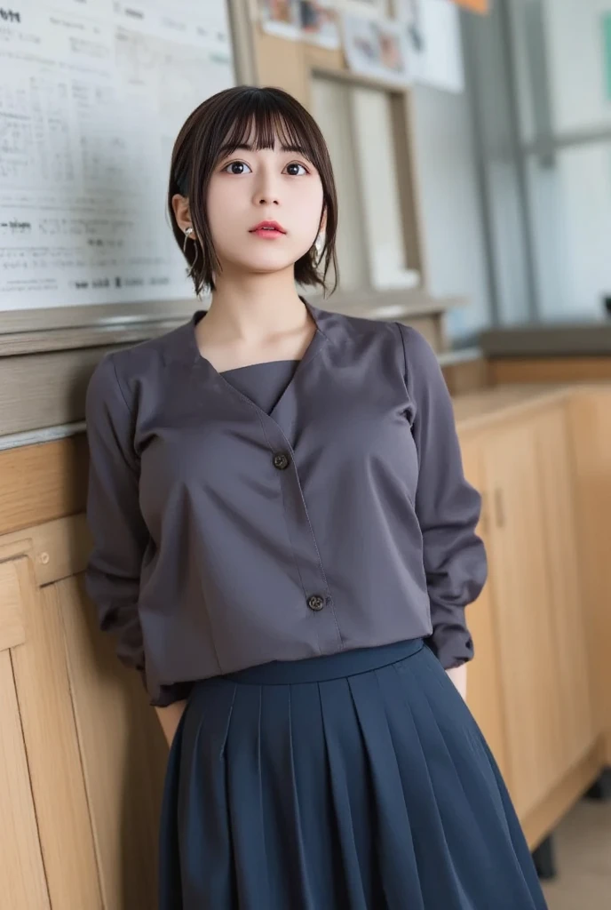 ((Best image quality、8k、masterpiece:1.3))、Realistic high-quality photos、Highest quality、Prisoner of War Woman、Tied up with rope、Standing in the room、(((両手は後ろでTied up with ropeている)))、(((Wearing a short-sleeved blouse、Wear a pleated skirt)))、Uniform eyes、Medium、Balanced、Small face、Small breasts、Rear view、Please show me your whole body、The audience watches from behind、Beautiful and elegant face and eyes、Black Hair、Shiny Hair、 OL、Wearing a short-sleeved blouse、Wear a long skirt、Full Body Shot.