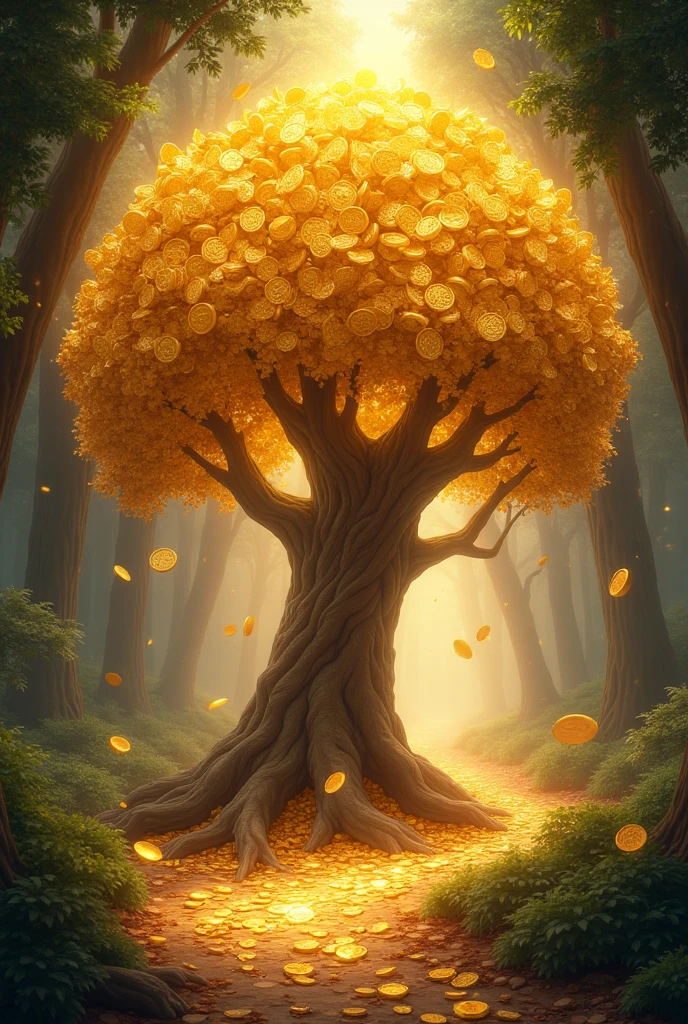 Brightly lit tree full of coins placed in the middle of a path ...