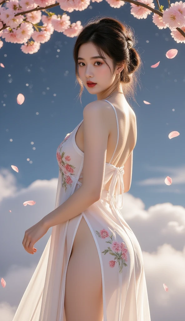 High resolution, (Official art, Beautiful and aesthetic: 1.2), Close View, Vast world, girl, Running, Refreshing smile, (No panties), ((Ultra transparent long light pink dress)), Distant horizon, natural beauty, inspiration, light effect, The camera takes pictures up close, (NSFW: 1.5), english garden, various poses forward and backward