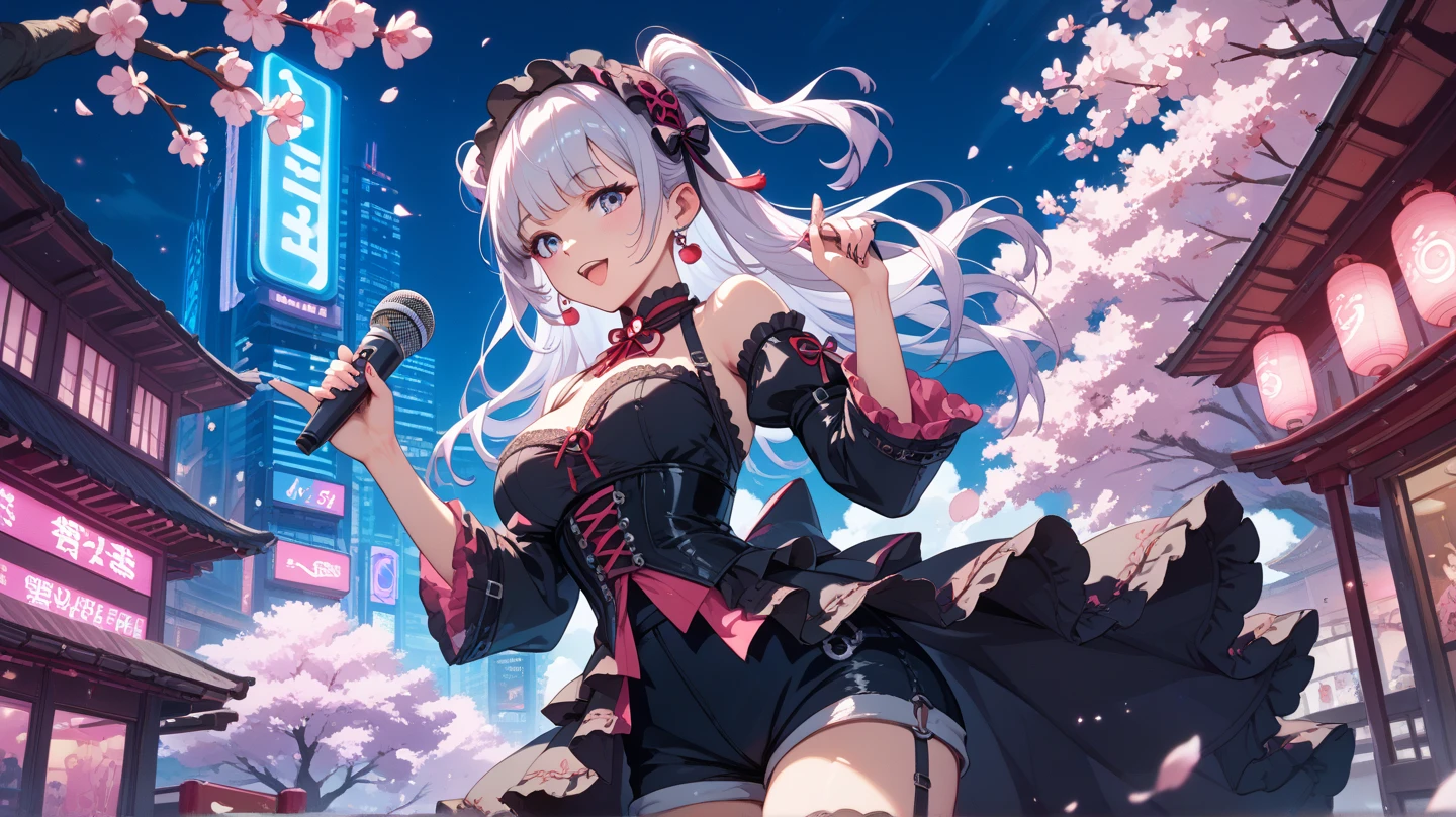 (((Masterpiece, highest quality, 8K))),High-definition background, bright and beautiful atmosphere,, white hair, happy face, camera shot, flat chest, drool, pink dress, frills, super long hair, floating hair, microphone, holding microphone, one eye closed, mouth open, boots, pink boots, skirt, gloves, pink gloves, stage, legs up, floating hair, looking at viewer, bangs, background A blurred photo,