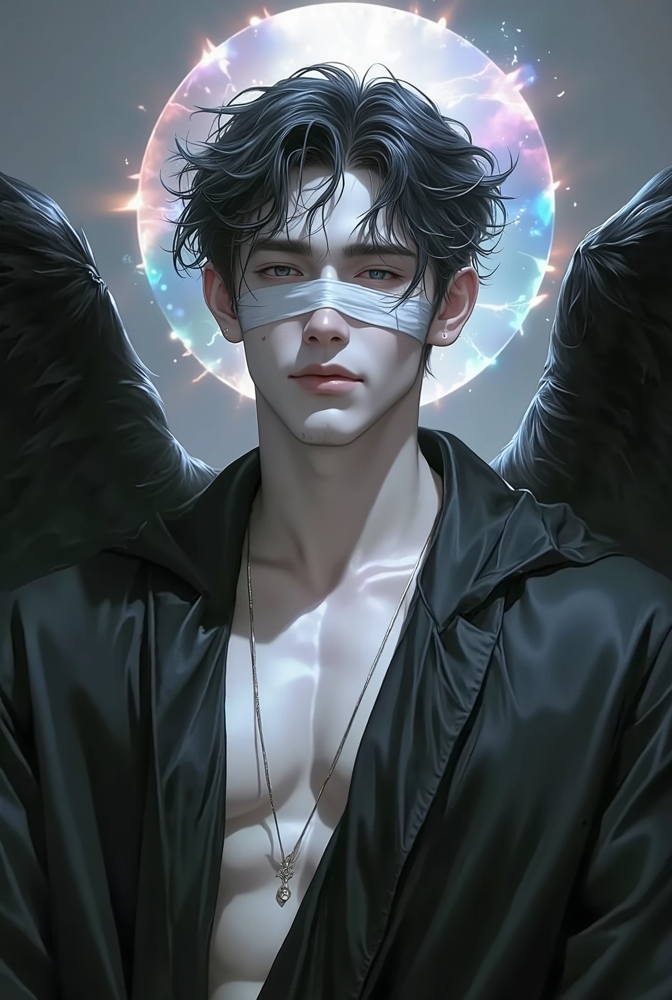 create a character who is an older boy, with white skin, covers his cover eyes with a bandage, has wings and black hair, has an aurora on his head, wears clothes like those of the ancient gods