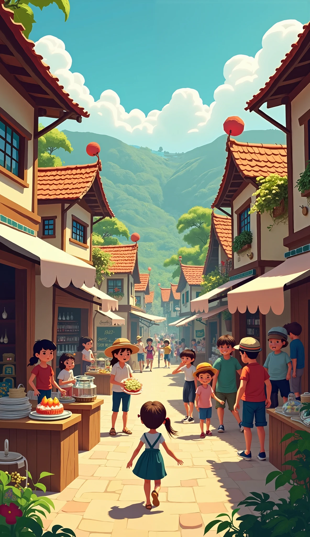 Show Small village and their shops people working children playing show village life in cartoon 