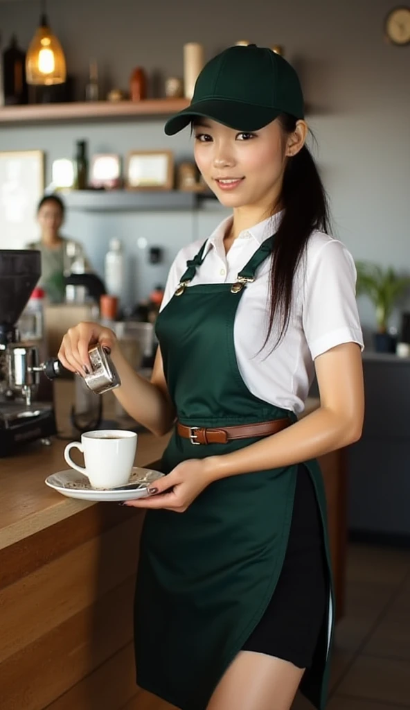 (Realistic、Photorealistic、Ultra-detailed、Highest Detail Skin、highest quality、masterpiece、超A high resolution)、Very cute Japanese woman、18-year-old、Gradient lighting、One Girl、Purelos Face、(((((Naked Apron、Wear only an apron、Green apron only、No clothes)))))、(((Coffee shop clerk、Serve customers at the counter)))、On the bed、Laughter、Realistic skin types、Perfect Style、Gravure idol pose、shortcut,((The camera is from the side of the body)),