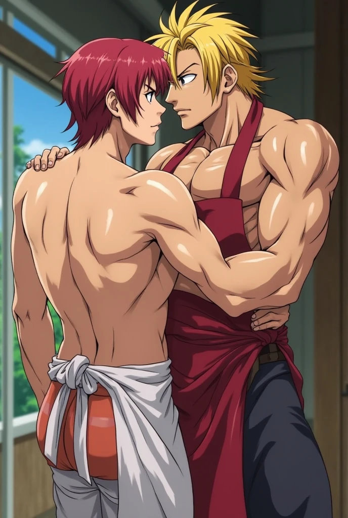 2men, mercenary, slicked back, forehead, blue eyes, brown-red hair, muscular, 30yo, ideal ratio body proportions, masculine, smart pentagou face, short hair, ugly face, BREAK naked guys focus, intercourse with a faceless male, duo, sex from behind, nipples, bedroom, soft plesure, looking far, detailed penis, in robot anime style, 1990s, VHS quality, masterpiece, best quality, extremely detailed guys, detailed glans