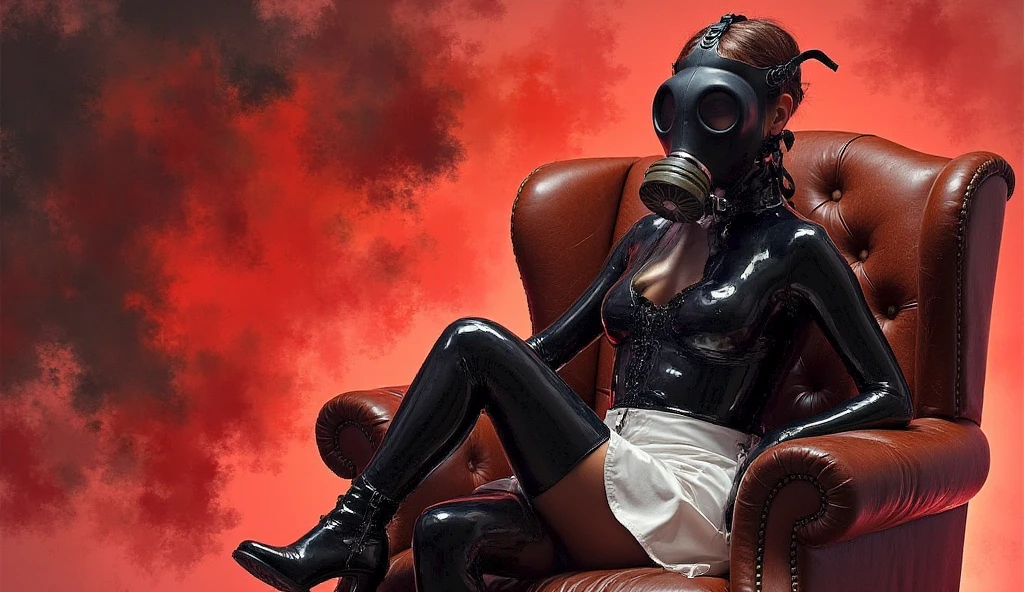 The gas mask is a very thin dominant Model 4 with small breasts. Red latex suit, black corset. A sexy pose. He stands tall. Red thick smoke in the background.