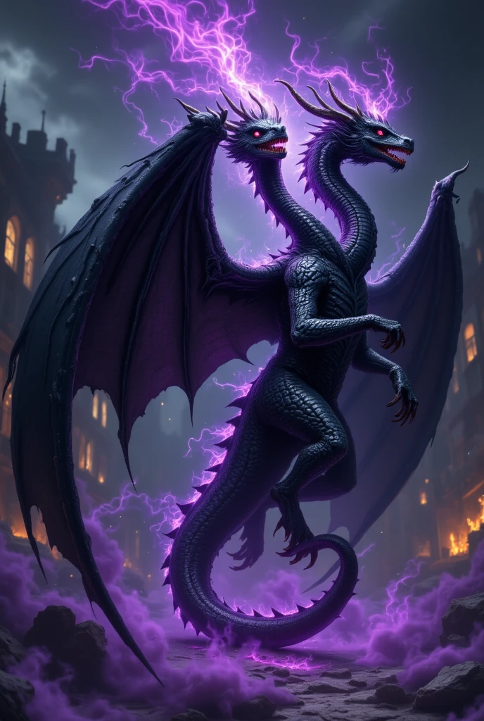 Create a large, winged, majestic, and ancient black and purple dragon, in an enchanted forest in the twilight of the night