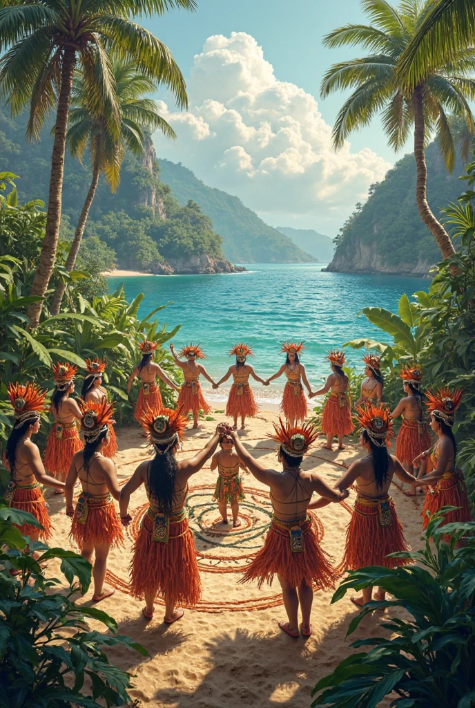 many native Brazilian Indians, in the holocene period, Neanderthals wearing bird feathers and leather on a remote rocky beach in a sunny day with plenty of oysters, fish bones and on the ground , searching for shells on the sand