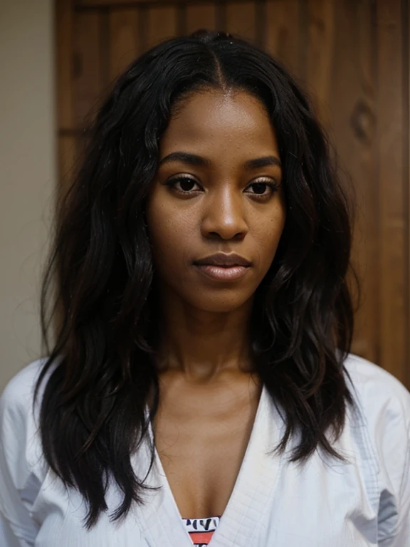 a beautiful black woman, long wavy curly black hair, neutral background, detailed facial features, intricate hairstyle, glowing skin, warm skin tone, elegant expression, serene atmosphere, soft lighting, photorealistic, high quality, hyper detailed, 8k, masterpiece, comfy outfit