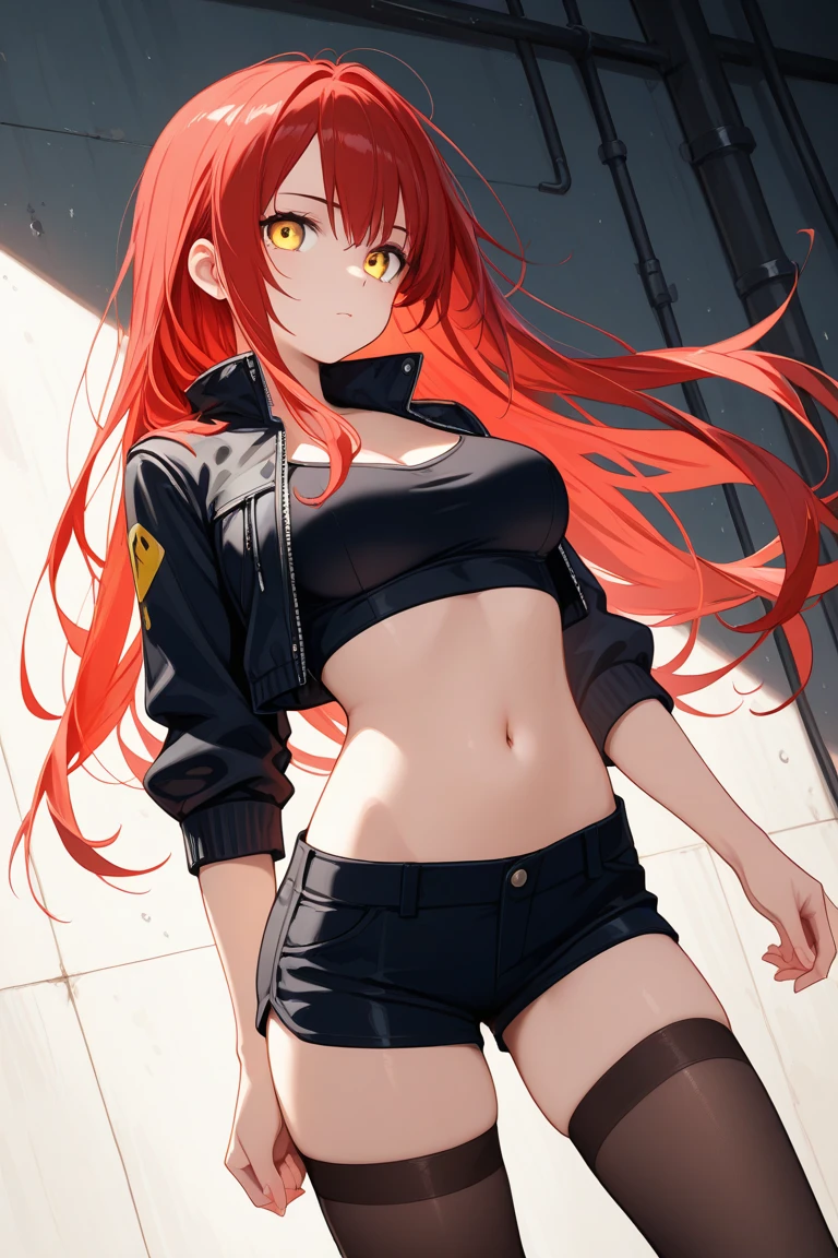 girl, red eyes, red hair, she hair messy wavy. have bangs, arrogant, tomboy, thug