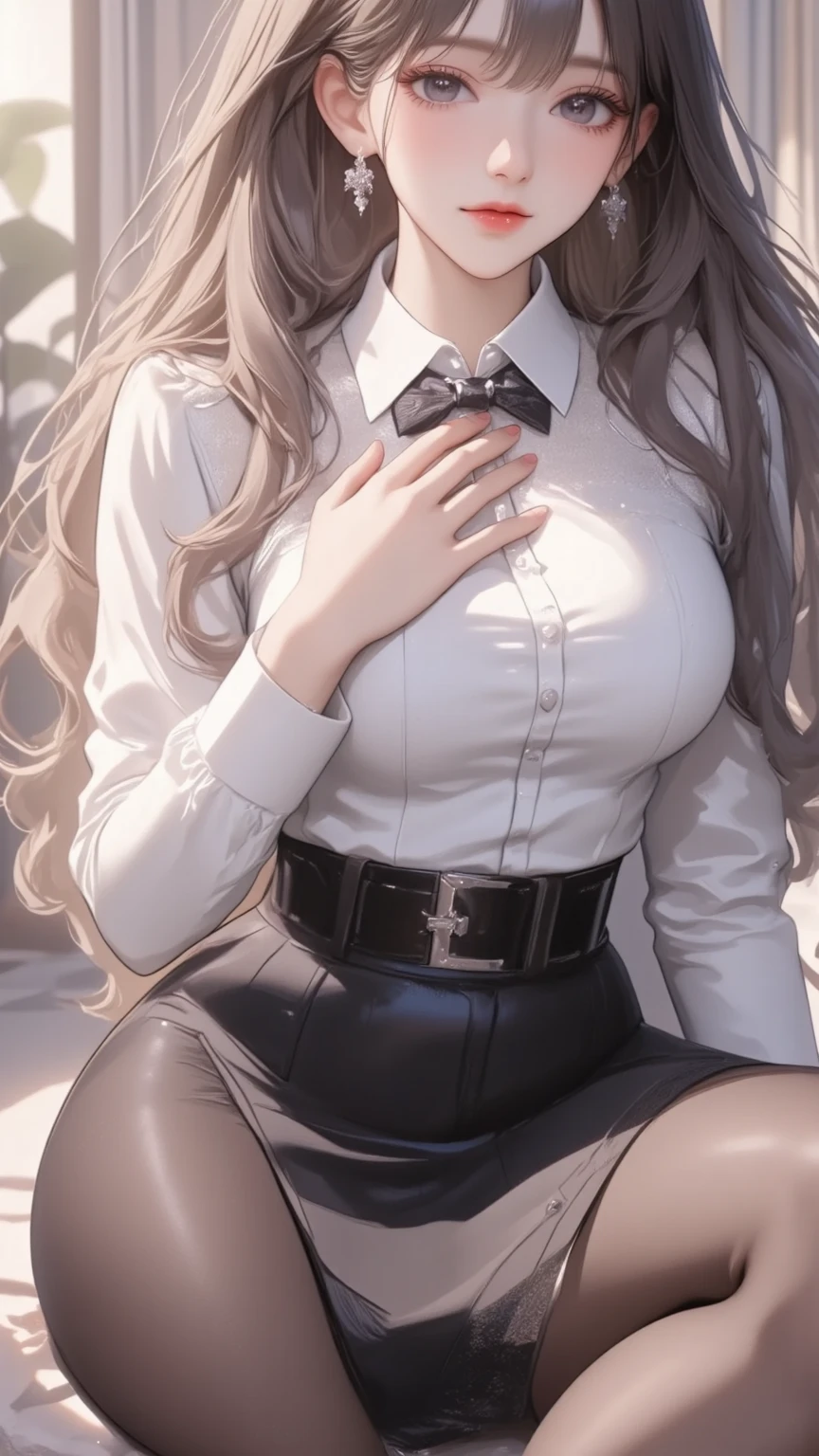 1 girl, elegant, beautiful, uniform, secretary, white shirt, black short pencil skirt, glasses, sunset, lying on grass