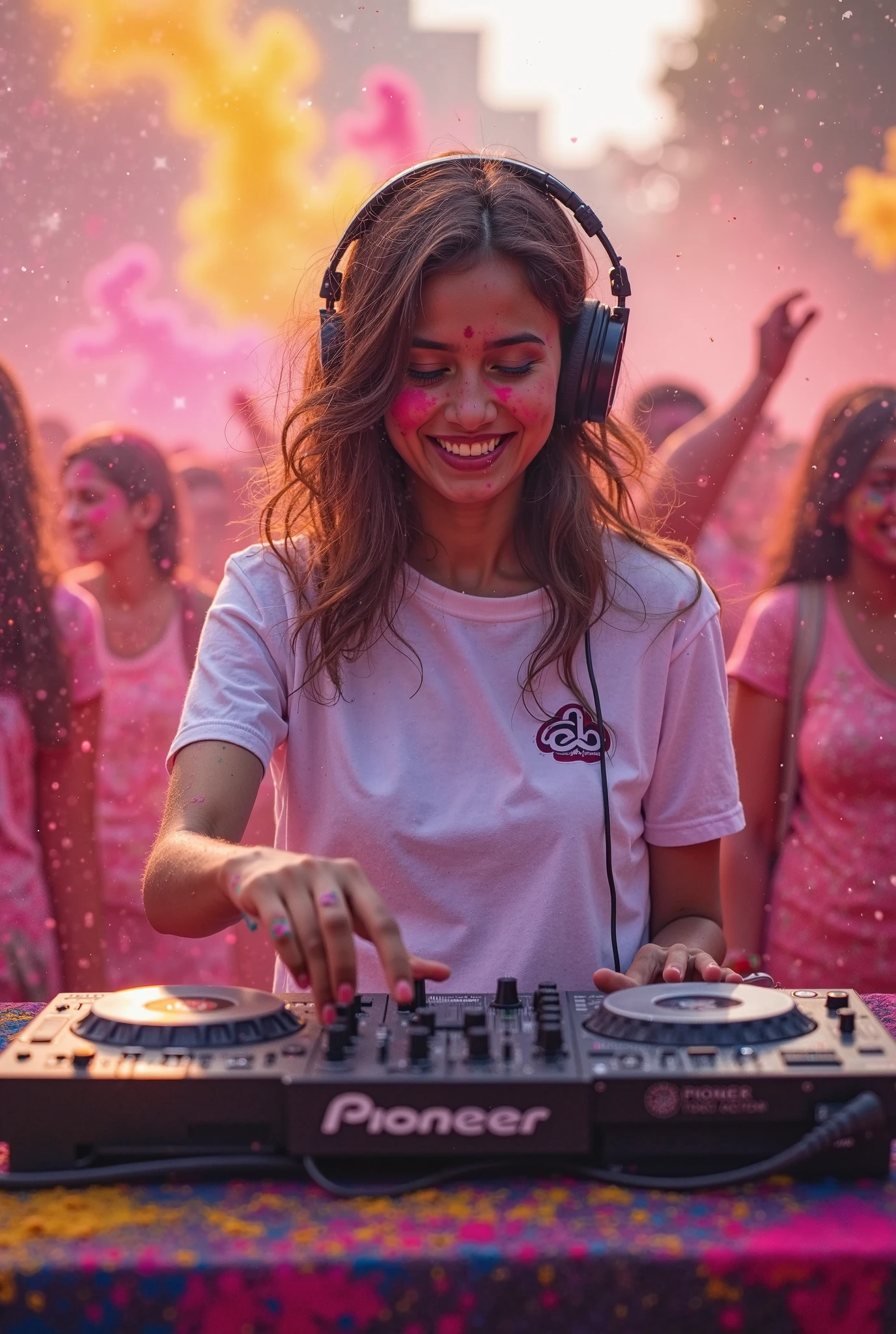 (Best Quality,Ultra-detailed),(Realistic:1.37)Girl DJ, (((vinyl rack))), Lively dance floor, foreshortening, (seductive position), looks at the viewer,Smiling,(NSFW:1.0), in headphones, t shirt, thongs, An impatient expression on his face,creation,Joyful,Playful,Happy,expressive,Beautiful bright colors,imagination,Musical talent,Passion for art,Musical clutter,,The Creative Process,Presentation of the final result,inspiration,Musical creativity,Vivid imagination,tooling ,Musician's palette,,A creative journey,Musical endeavors,Musical performance,Creative energy,artistic atmosphere,,Expressive features,Playful atmosphere,Artistic playfulness,Live Art Scene,,Dynamic composition,Living works of art,Colorful & Vibrants,The result of musical expression,Energetic manner of writing,A colorful masterpiece.Makeup artists do makeup for celebritieasterpiece:1.2), Best Quality, Masterpiece, hight resolution, Original, extremely detailed wallpaper, perfect lighting,(extremely detailed CGI:1.2),