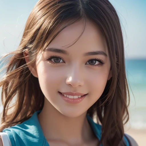 1 girl, beautiful, cute, Professional Lighting, highest quality,Well-formed face,(t-shirt:1.5),Long Hair, (clear:1.2), beautiful,(beach:1.5)
