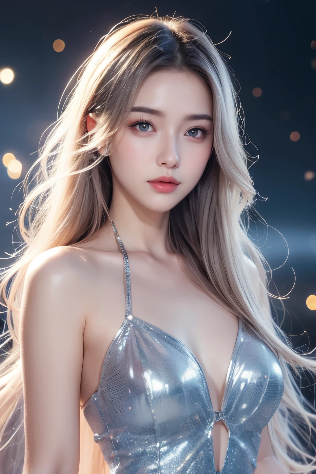 silver-haired woman in a dress, (masterpiece,Super high quality,ultra high resolution,super realistic:1.5), 1 female, platinum silver hair, alone, sundress,colorful, photorealistic, realism, realistic, human, (detailed description,detailed eyes,clear eyes,Iridescent glow,long eyelashes), (beautiful breasts,Golden ratio slender body), glance at the viewer, enchanting smile, Full body shot,