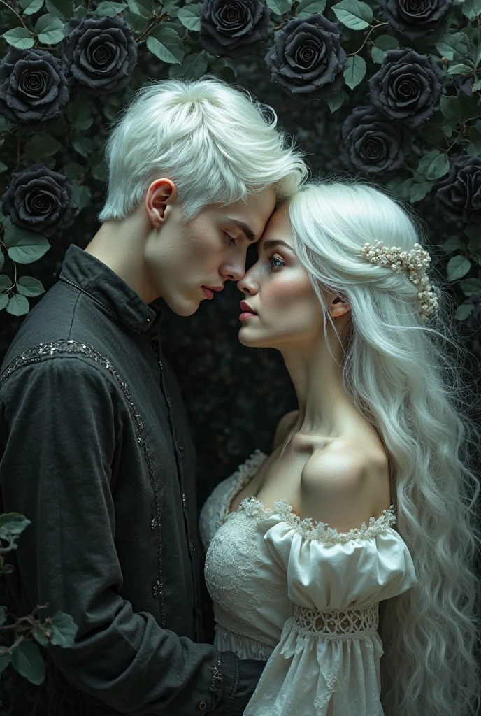 a very handsome white haired vampire kissing a very beautifull oriental gothic woman with long black hair