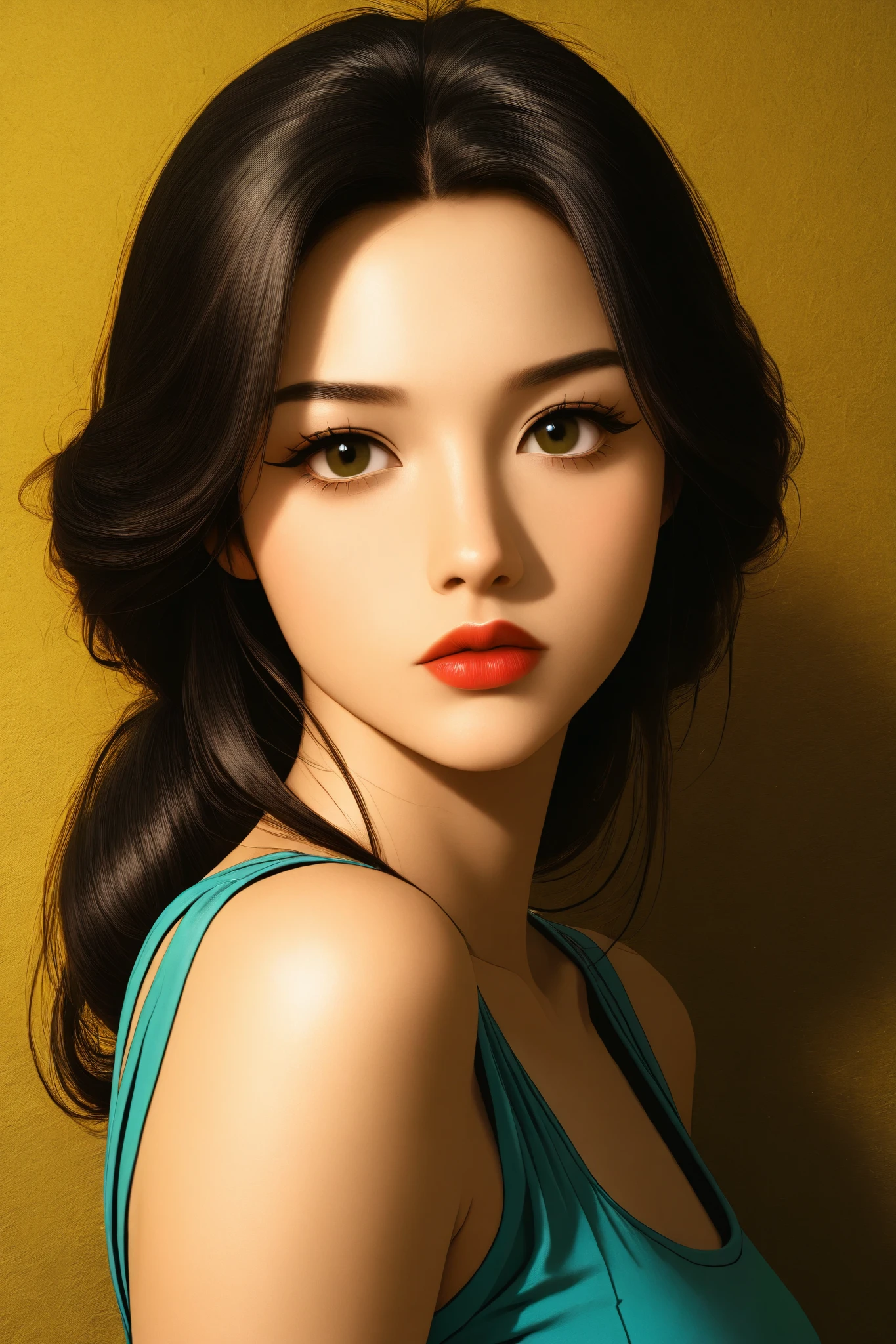 expressionist artwork image in the graphic art style of french sci-fi cartoonist Moebius, korean pinup girl,
