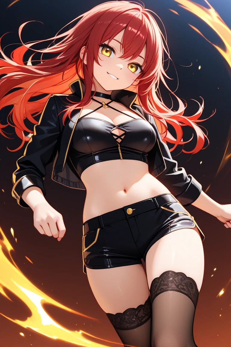 masterpiece, sharp focus, 4k, perfect face, perfect eyes, ultra detailed, ultra detailed face, ultra detailed eyes, perfect anatomy, whole body, full body, standing, 1girl, 30 years old, mature female, solo, red hair, hair between eyes, long ponytail, green eyes, dark skin, orange cropped jacket, black legging, red and white sneakers, comfident smile, dark skin, dark skinned female, crossed arms, smile, fun pose, black top, abs, navel, stomach