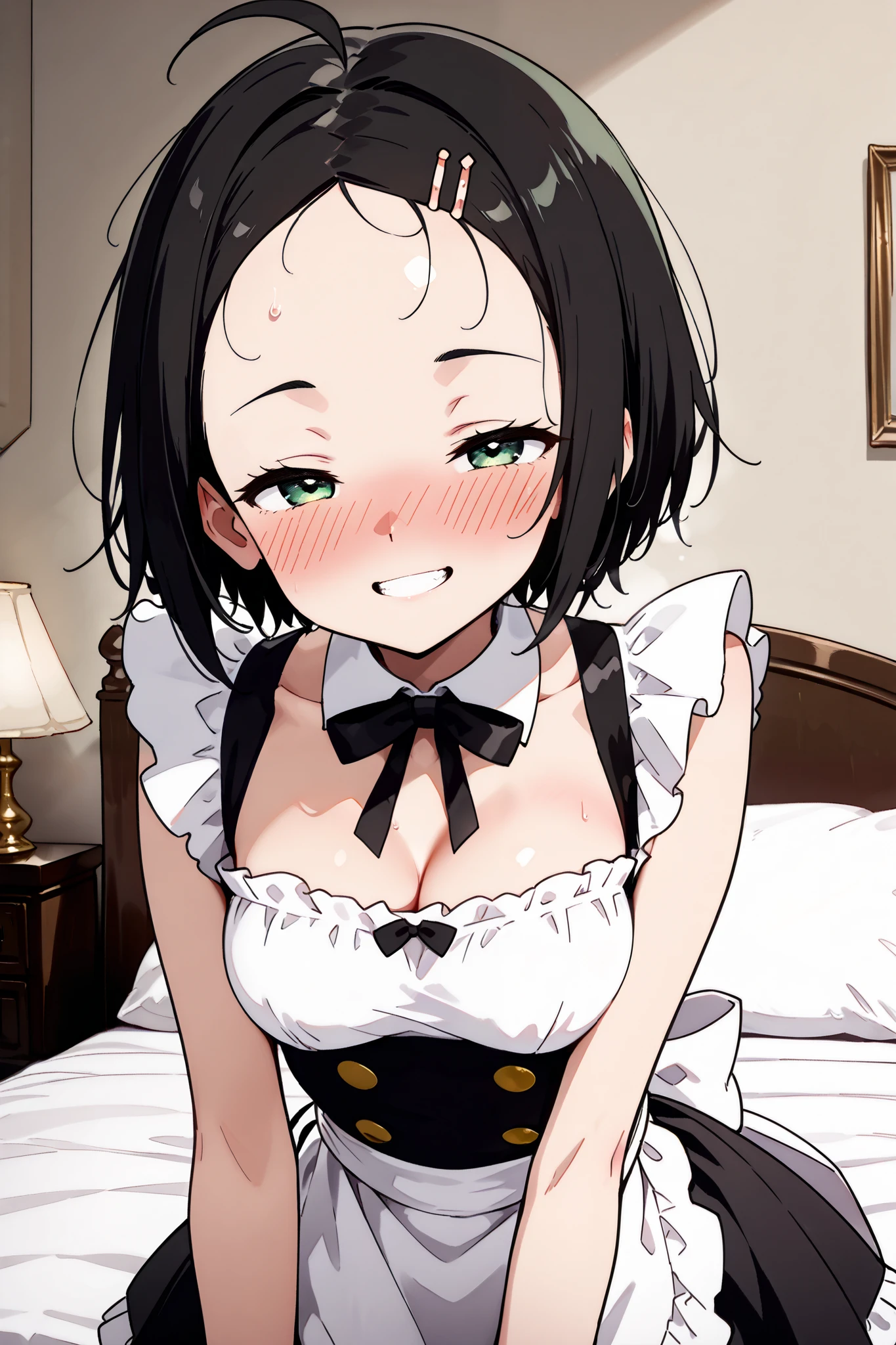 {Highest quality}, {so beautiful}, {Very detailed,beautiful face:1.4}, {Best illustrations},shileviathandef, Short Hair, black hair,ahoge,green eyes、maid costume,medium breasts,(Thin body, skinny body),(wide forehead:1.4)、teeth,(blush、half closed eyes、 drunk face )、sweat、Arms crossed、The mansion bedroom ,bed