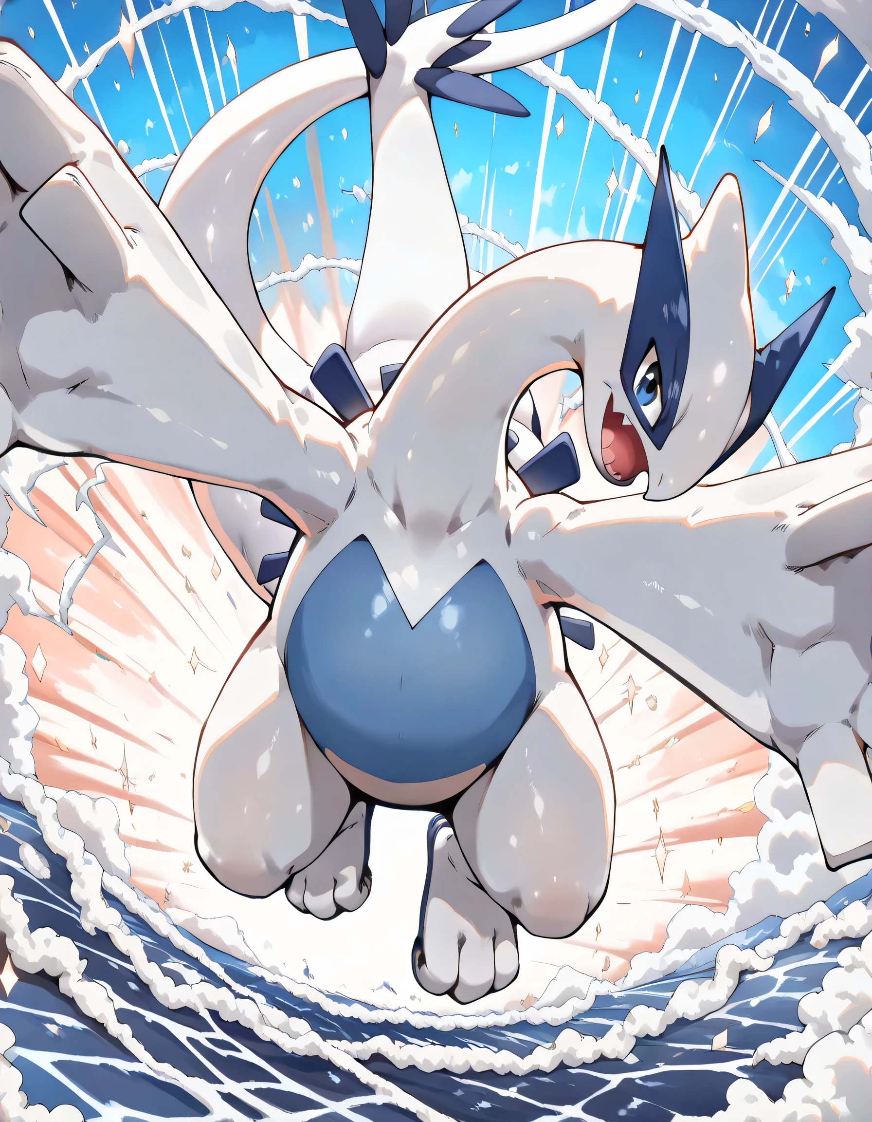 (dynamic angle,dynamic jumping pose:1.3),(sideview+++),(looking at viewer:1.3),Lugia(pokemon),lineart+,Terrastal style, blue cool misterious greatests colorful deep sea color background,beautiful scenery, manga style,illustration,