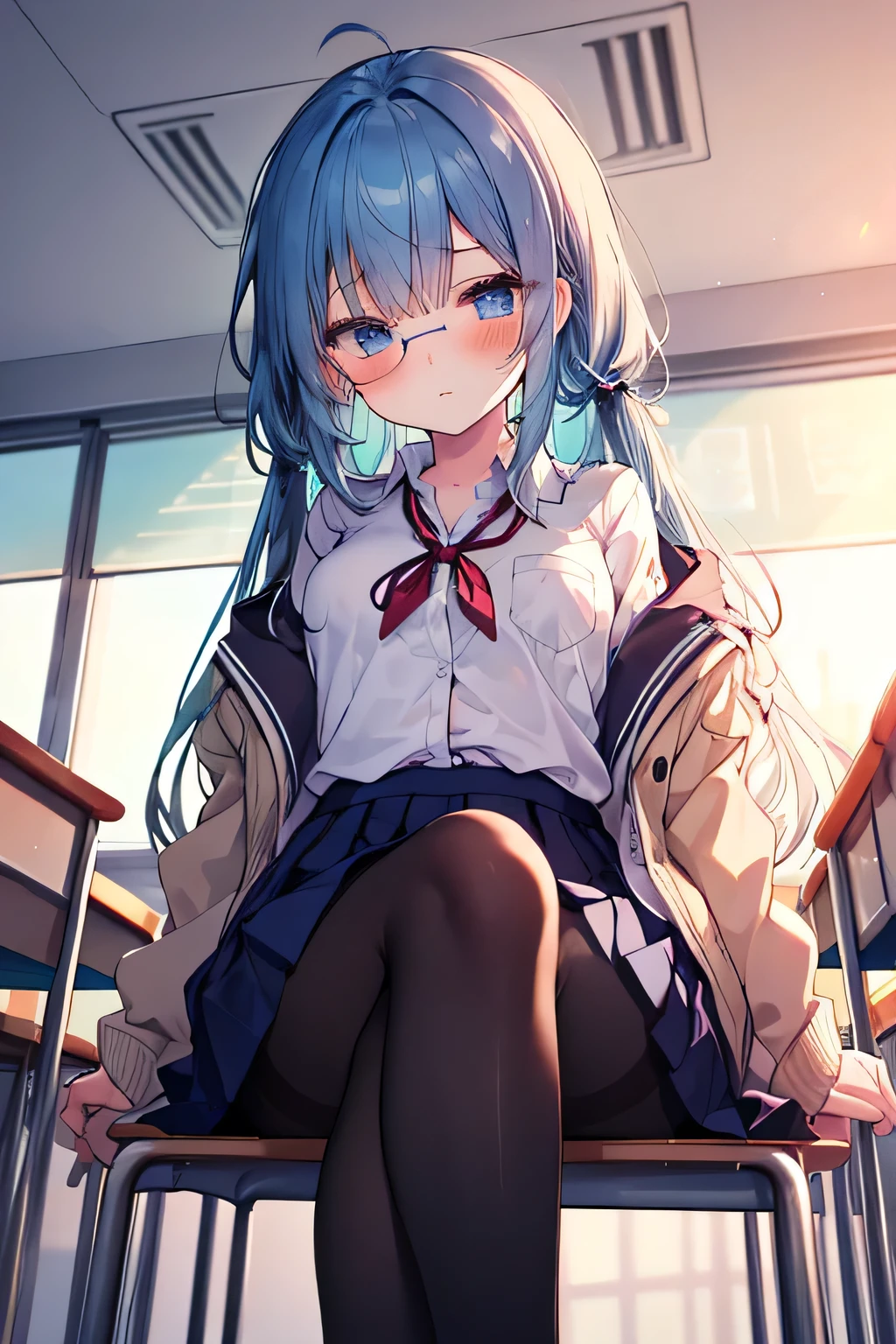 Blue haired girl, blue eyes, lentes, sitting on a chair, crossing her legs, school background, school background(classroom), complete anatomy, school uniform, tie, shirt, skirt, pantyhose, blush, first person, Charm, underwear, great body.