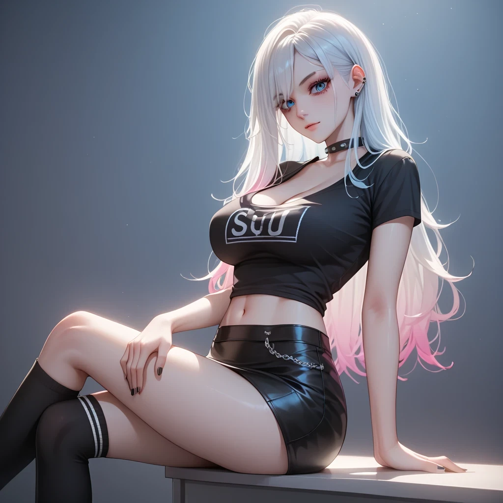 hand on own ass, (whitehair, gradient hair ), top quality、 ( professional lighting without shadows )、 surreal, is fascinating、figure like a slender supermodel、 1 girl, ( big breasts, Belly button exposed), ( flat at honny, beautiful skin)), (明るい and beautiful blue eyes ,(( クラゲ cut, long hair ))), ( black mini tight skirt , black u neck t-shirt, cleavage visible ,(( punk style fashion))) , Knee High Socks,