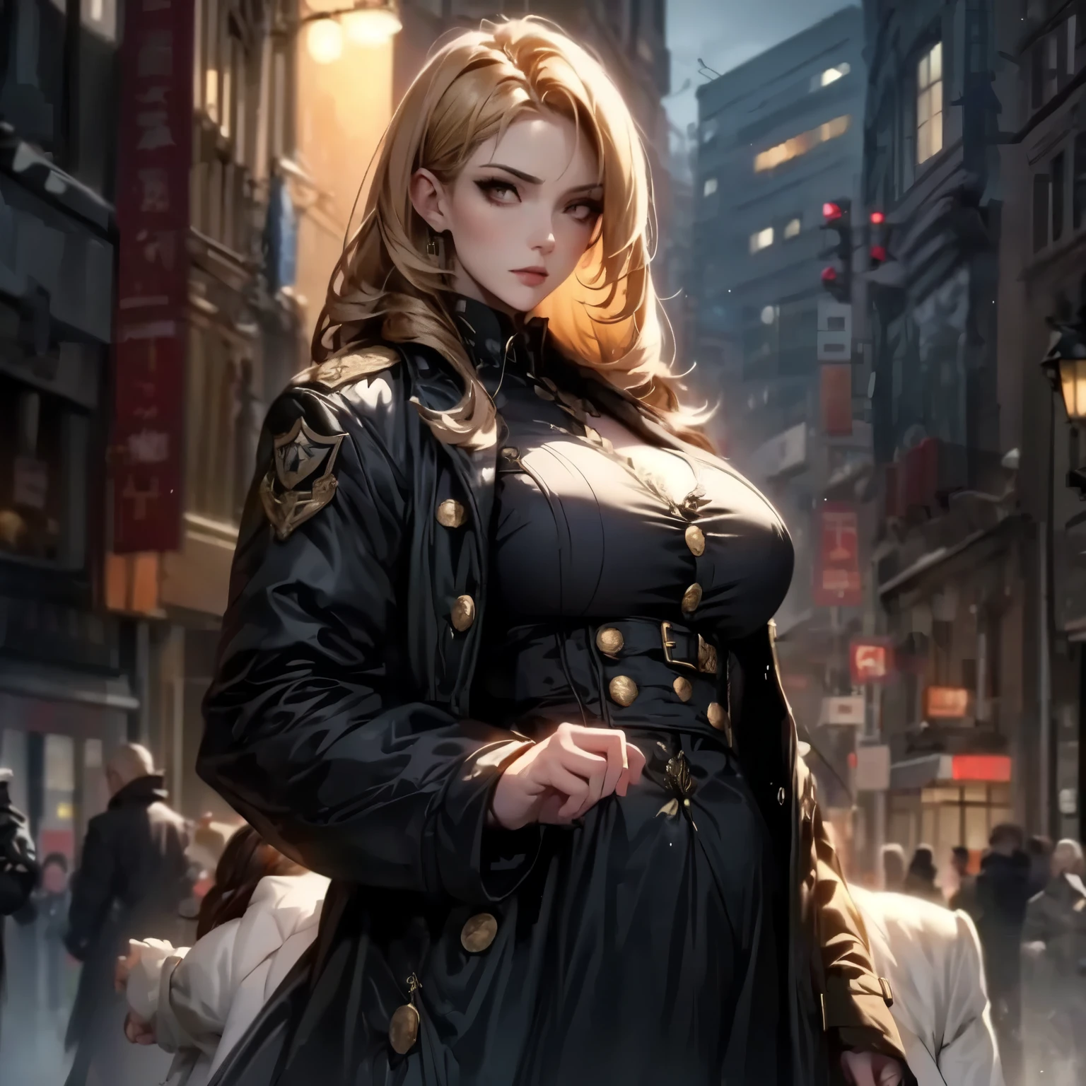 ((best quality)), ((Masterpiece)), ((Enrich the picture,Masterpiece level quality)), golden hair, Curtainbangs very big breasts, golden eyes, fierce woman, street fasion, eyes details, best quality, RAW 4K, Realistically, ( cinematic lighting, moody, textile shading), perfect proportions, ultra detailed, volumetric lighting, soft lighting, glossy skin, a woman wearing a black gothic style military uniform, beautiful face, Special face details, black outfit, white coat, strong emotions, elegant gesture, flowing dress, Detailed facial features, Long eyelashes, contrast, great details, Incredible atmosphere, Gothic style, black and white plate, Fascinating setting, Haunting beauty,