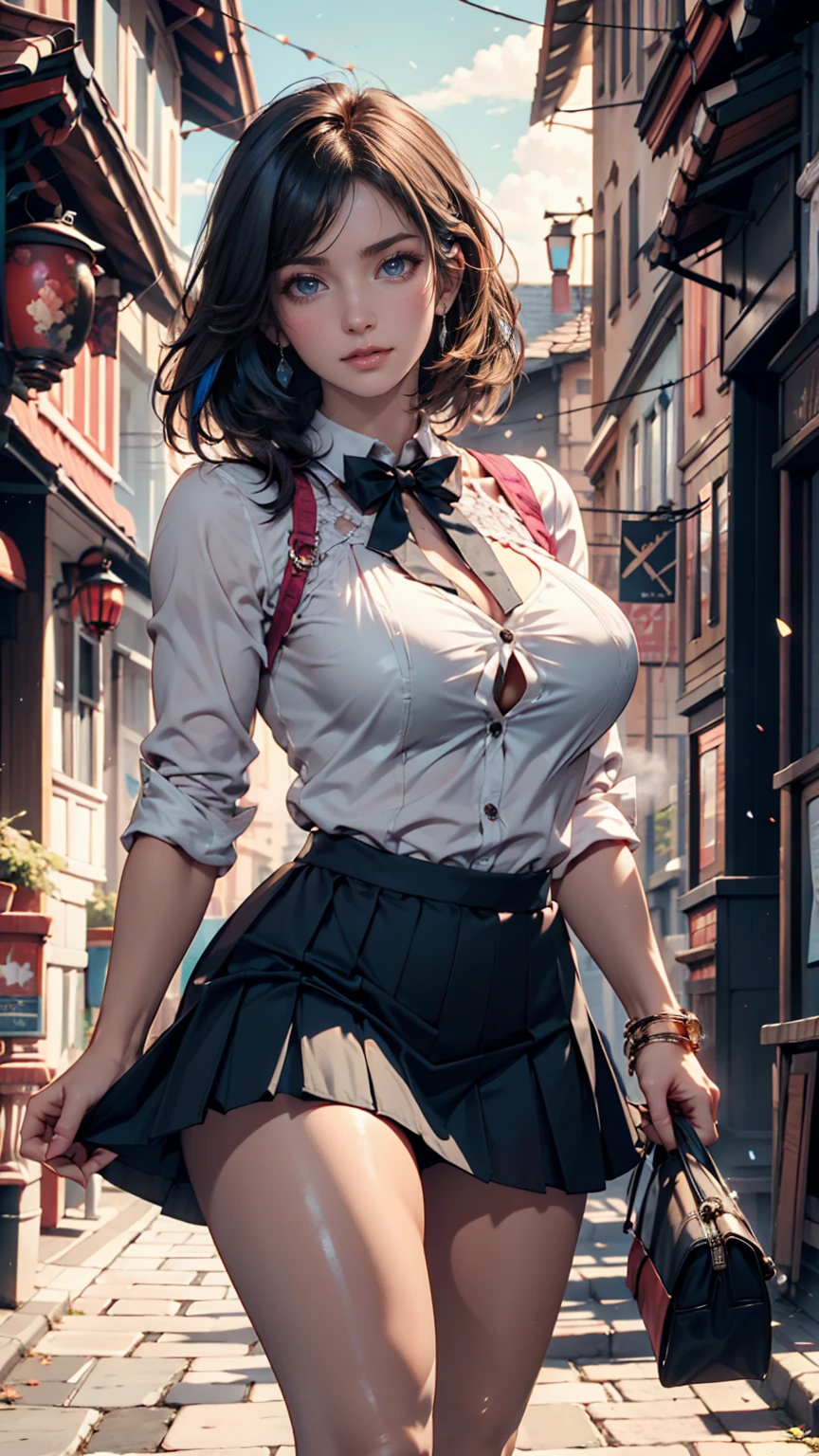((masterpiece)), ((Highest quality)), ((High resolution)), ((Highly detailed CG Unity 8k wallpaper)), alone、Main Street、building、car、Summer cafe terrace、high school girl、Short shirt、See-through、belly button、Short plaid skirt、Panties、、、Nipple swelling、Underbust、hair、Straight Short Cut、Big eyes、High nose、Beautiful multiple eyes、Long eyelashes、Larger breasts、look up、Show your side、