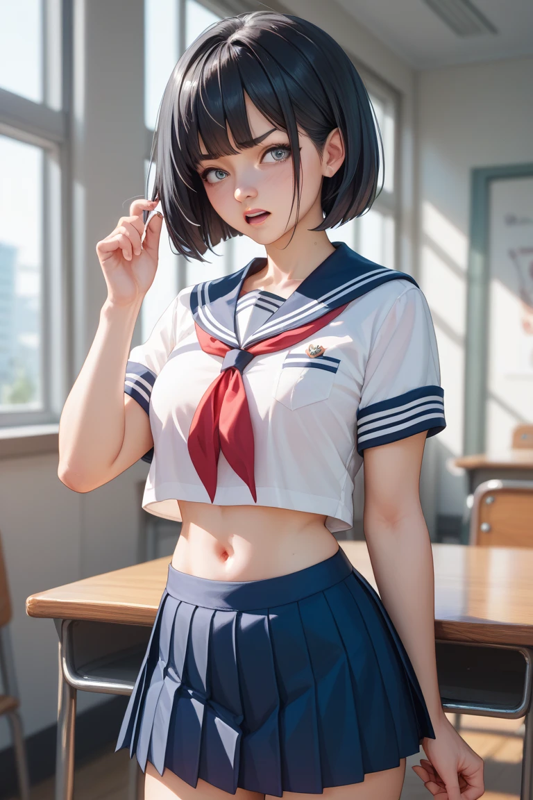Very detailedな CG Unity 8k 壁紙, Highest quality, Very detailed, masterpiece, Realistic, photo Realistic, Very detailedなかわいい女の子, Age 25, (Wear an athletics uniform), blush , belly button, Half Body Shot , locker room , Ass shot, short hair