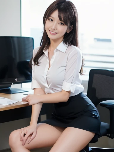 30 year old beautiful office lady costume best、Sitting on a chair、Office with one computer、Sweet smile 、skirt by the、Panties that change color from image to image、Hairstyles that change depending on the image、large udder、Faces and expressions that change with each image、