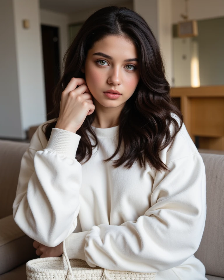 photo of fit (N13m1r4-135:0.99), a beautiful woman, perfect hair, (modern photo), wearing a (crew neck sweatshirt:1.2) and long skirt with jewelry, portrait, 85mm, (analog, cinematic, film grain:1.3), (Space Station, High-tech environment with zero-gravity corridors, advanced controls, sleep pods, and cosmic views.), detailed eyes, professional pose, painted lips, (epiCPhoto), (looking at viewer:1.1), jewelry, (cinematic shot:1.3), (natural lighting, lit from above), <lora:add_detail:0.5>