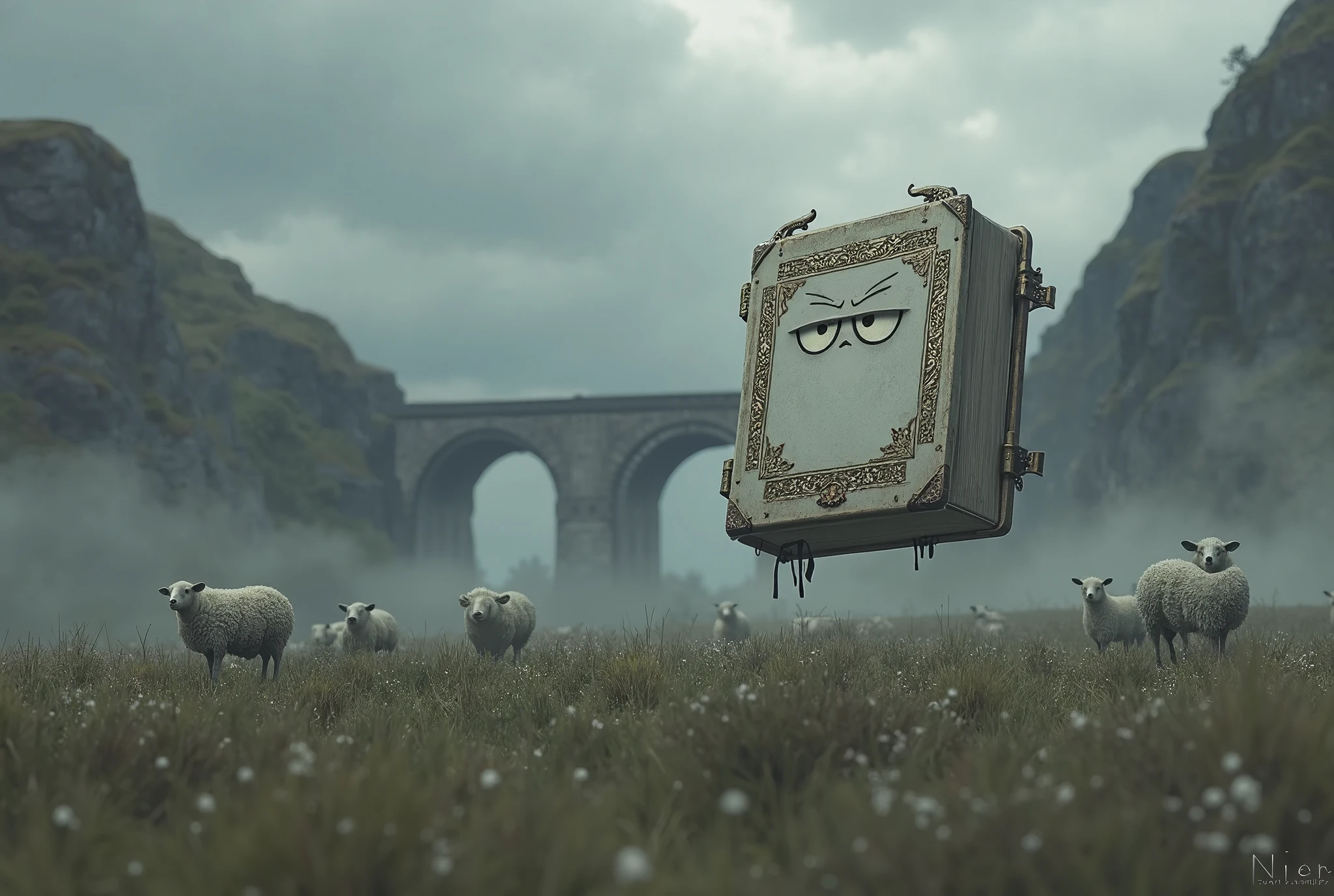 "Grimoire Weiss" from NieR, a thick hard-bound book, floating in the air in a field on a cloudy day, looking as annoyed as a book possibly can, sheep in the background, a broken bridge in the background, cliffs in the distance