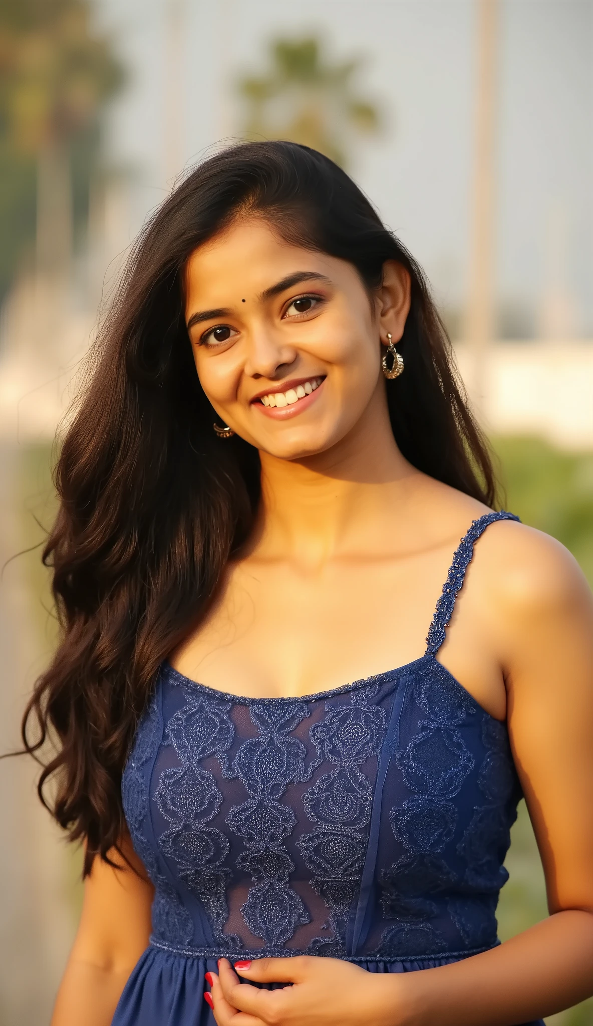 indian girl , big boobs , in bra standing in sunlight , visible cleavage blue clothes