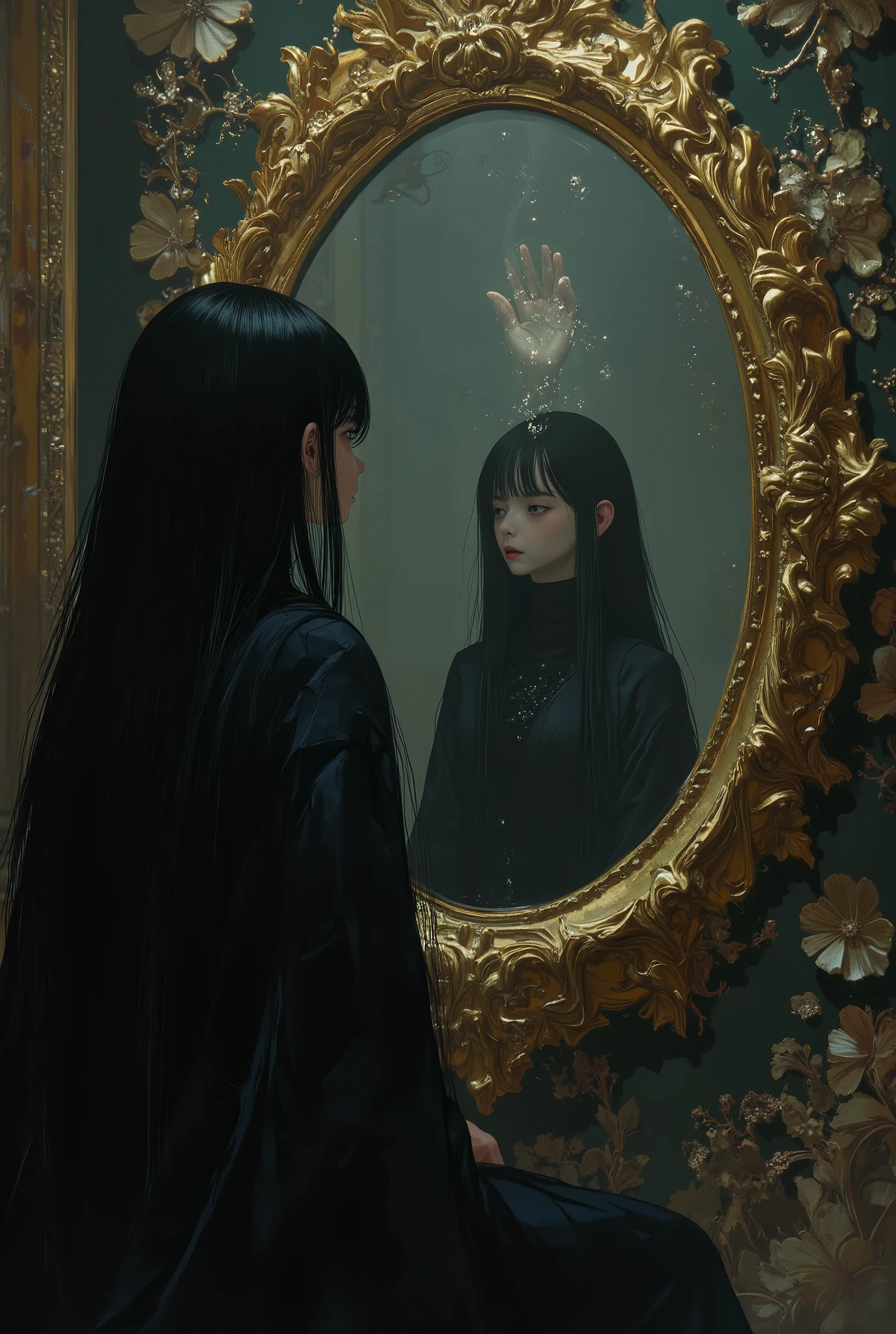 1girl, looking at the mirror, sitting, the death reflection, golden circle frame floral carved mirror, long black hair, mystical elemental, ethereal, dark smoke surrounded, dramatic light, creepy scene, crisp, terrifying, dimmed light, a hand bone emerged from the mirror, super detailed, UHD, 8k, epic realism, fantasy art, photo art. wear jjt black wizard robe